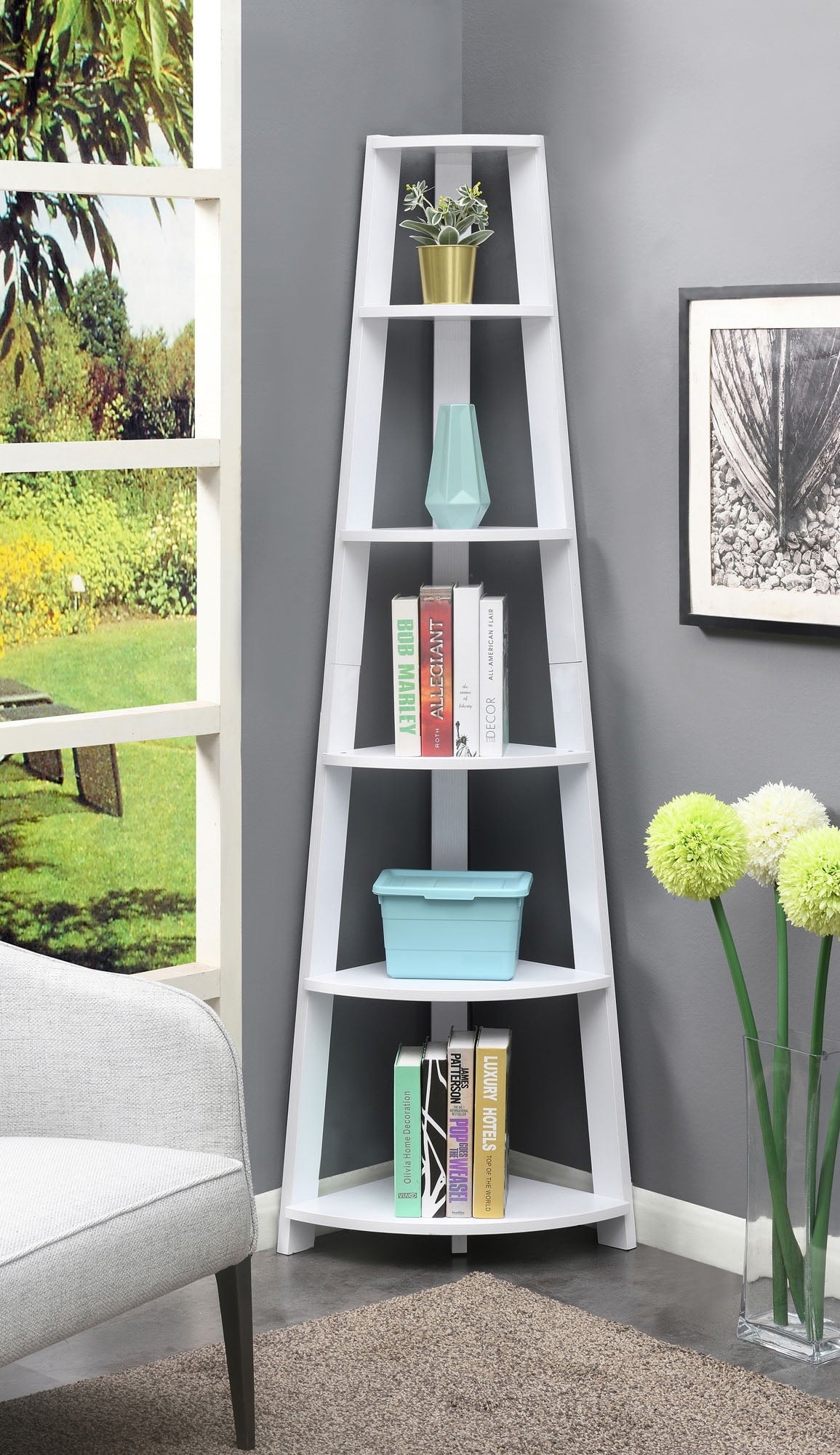 Convenience Concepts Newport 5 Tier Corner Bookshelf, White