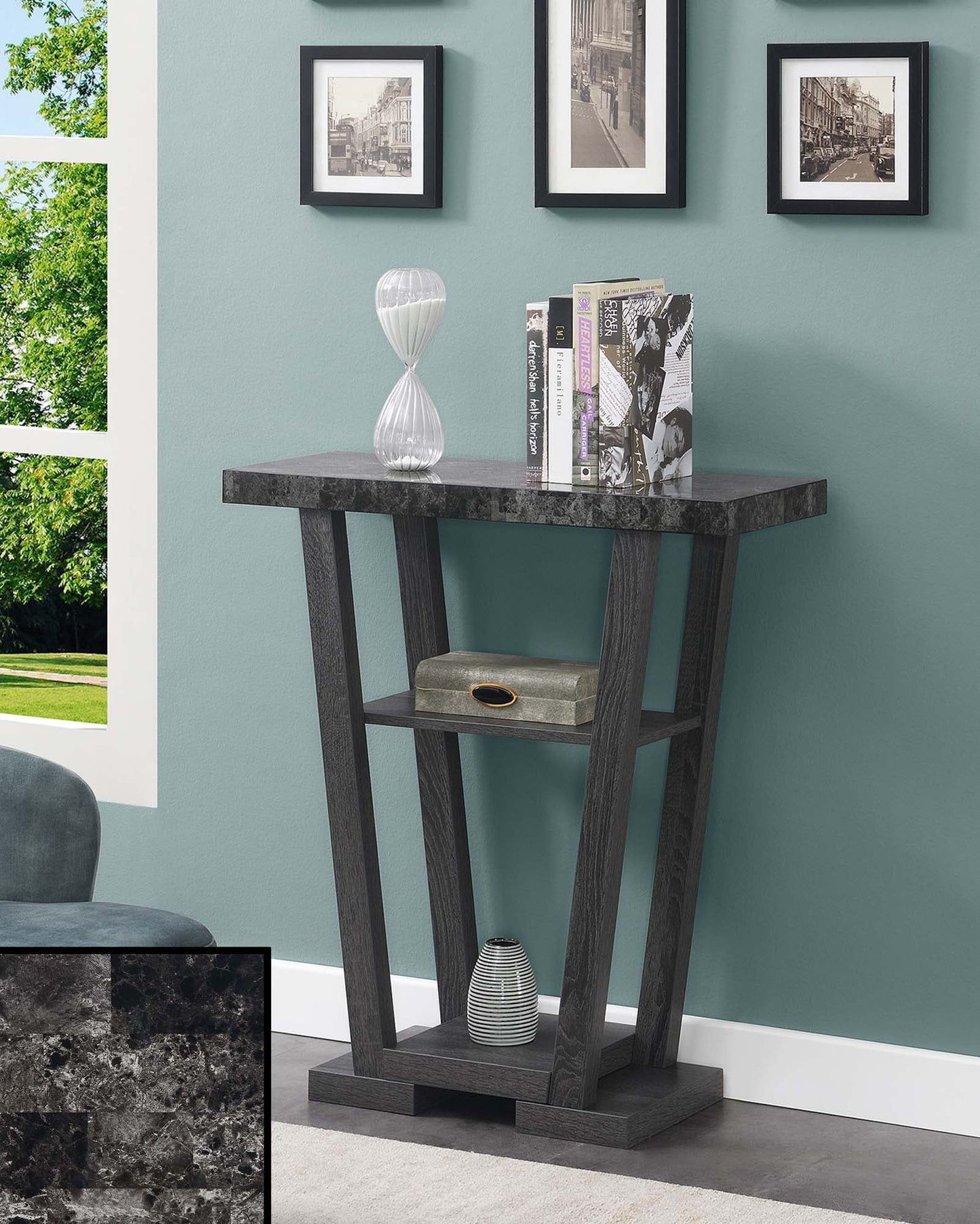 Convenience Concepts Newport V Console Table in Gray Wood with Faux Marble Top