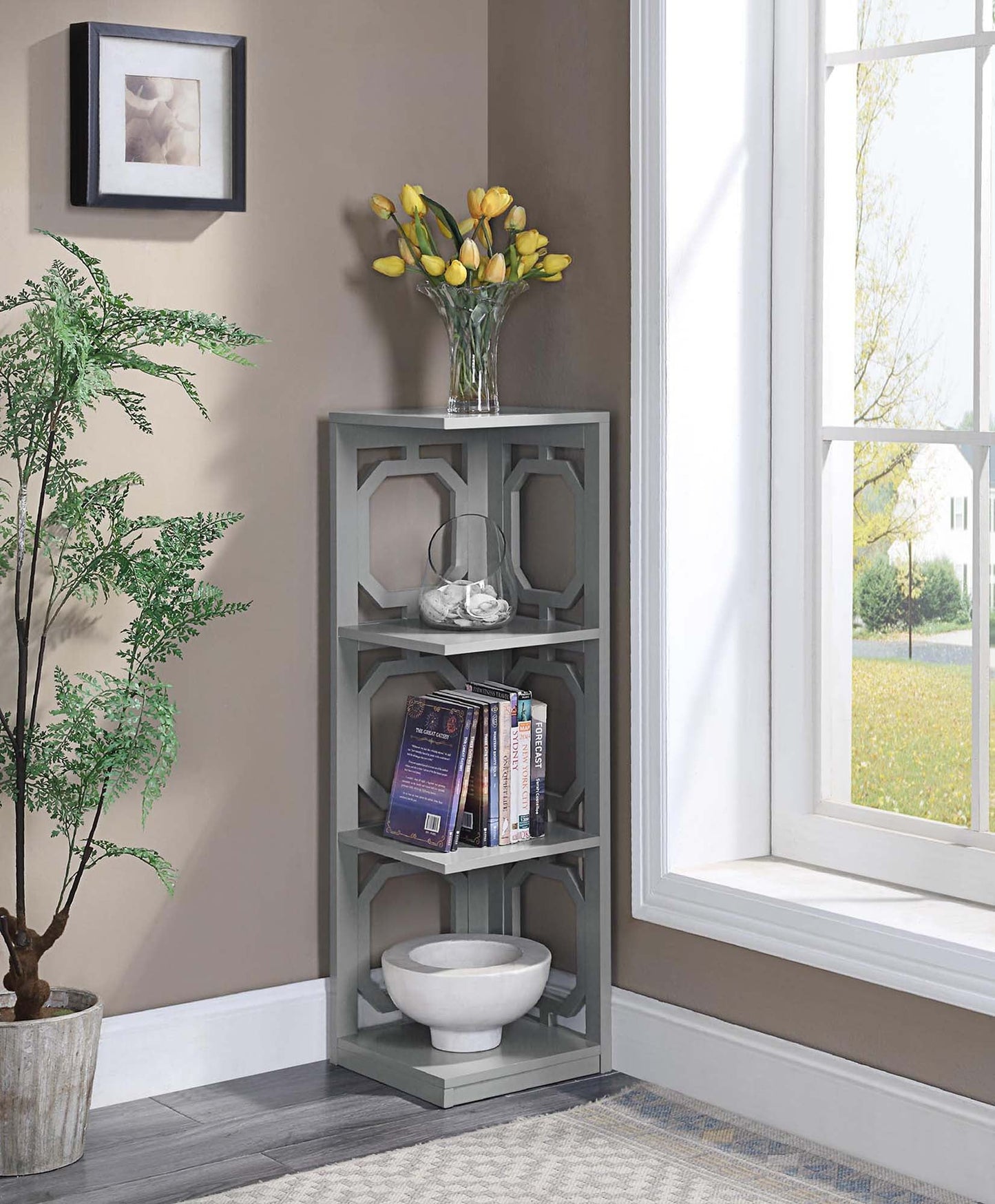 Convenience Concepts Omega 3-Tier Corner Bookcase, Gray