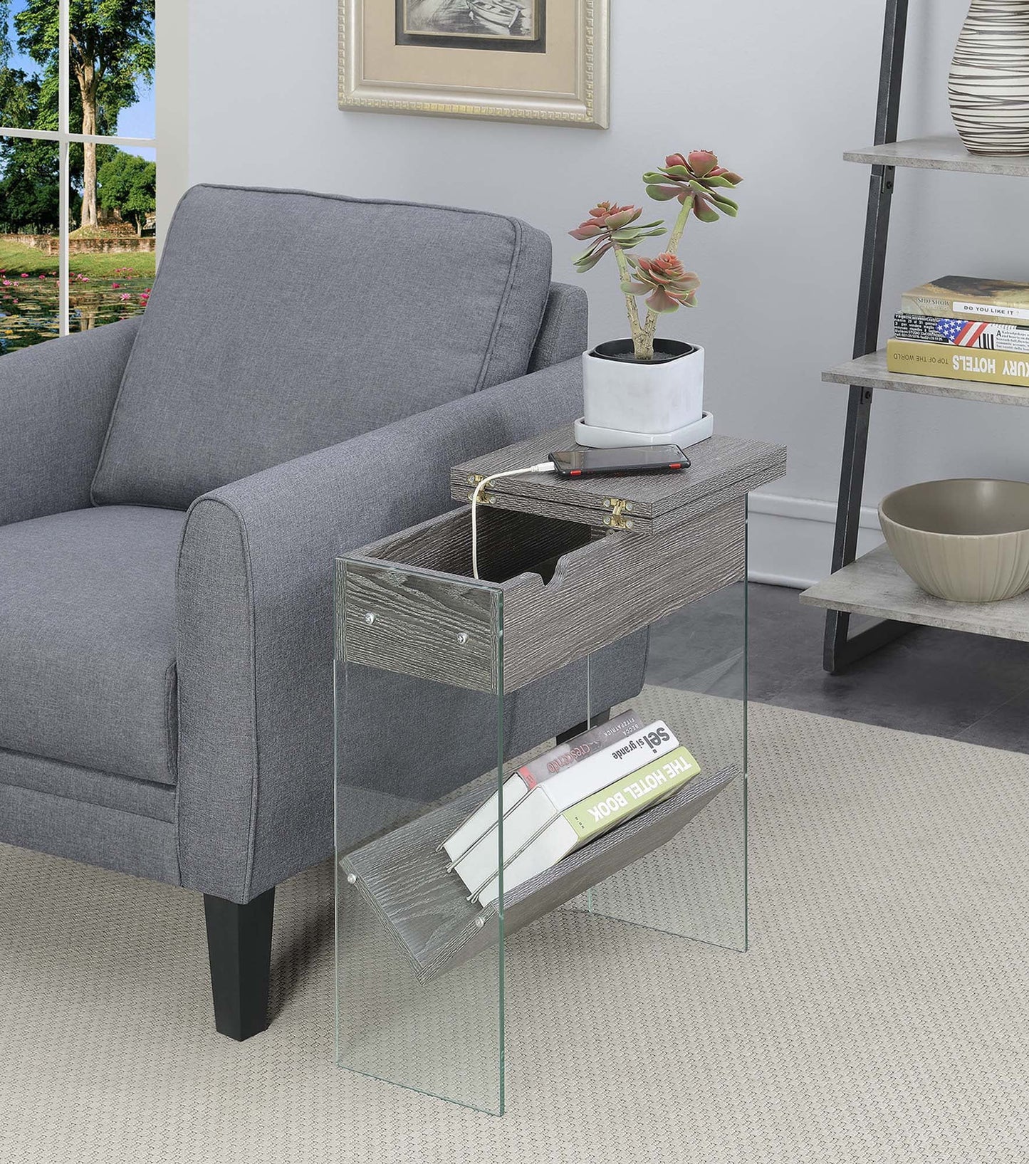 Convenience Concepts SoHo Flip Top Glass End Table with Charging Station and Shelf, Weathered Gray