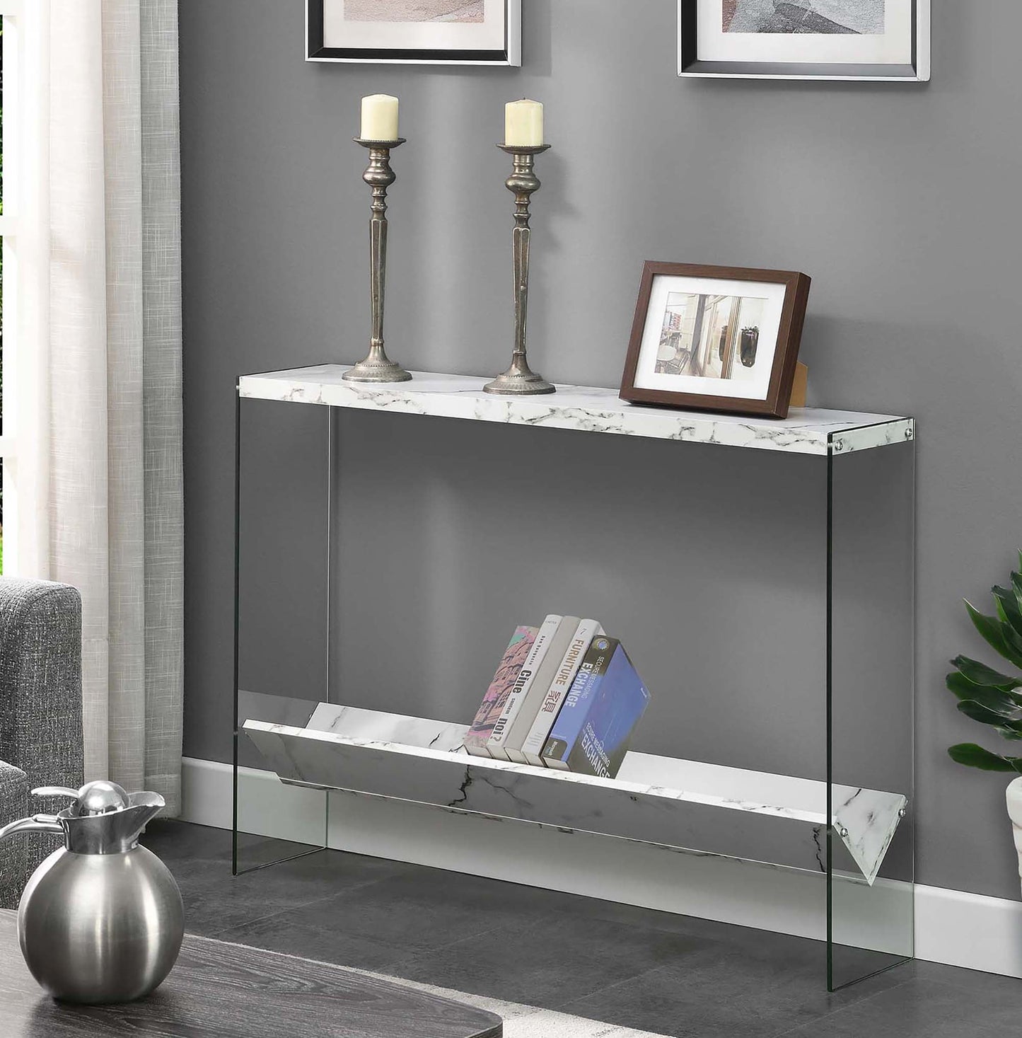 Convenience Concepts SoHo Glass V Console Table with Shelf, White Faux Marble/Glass