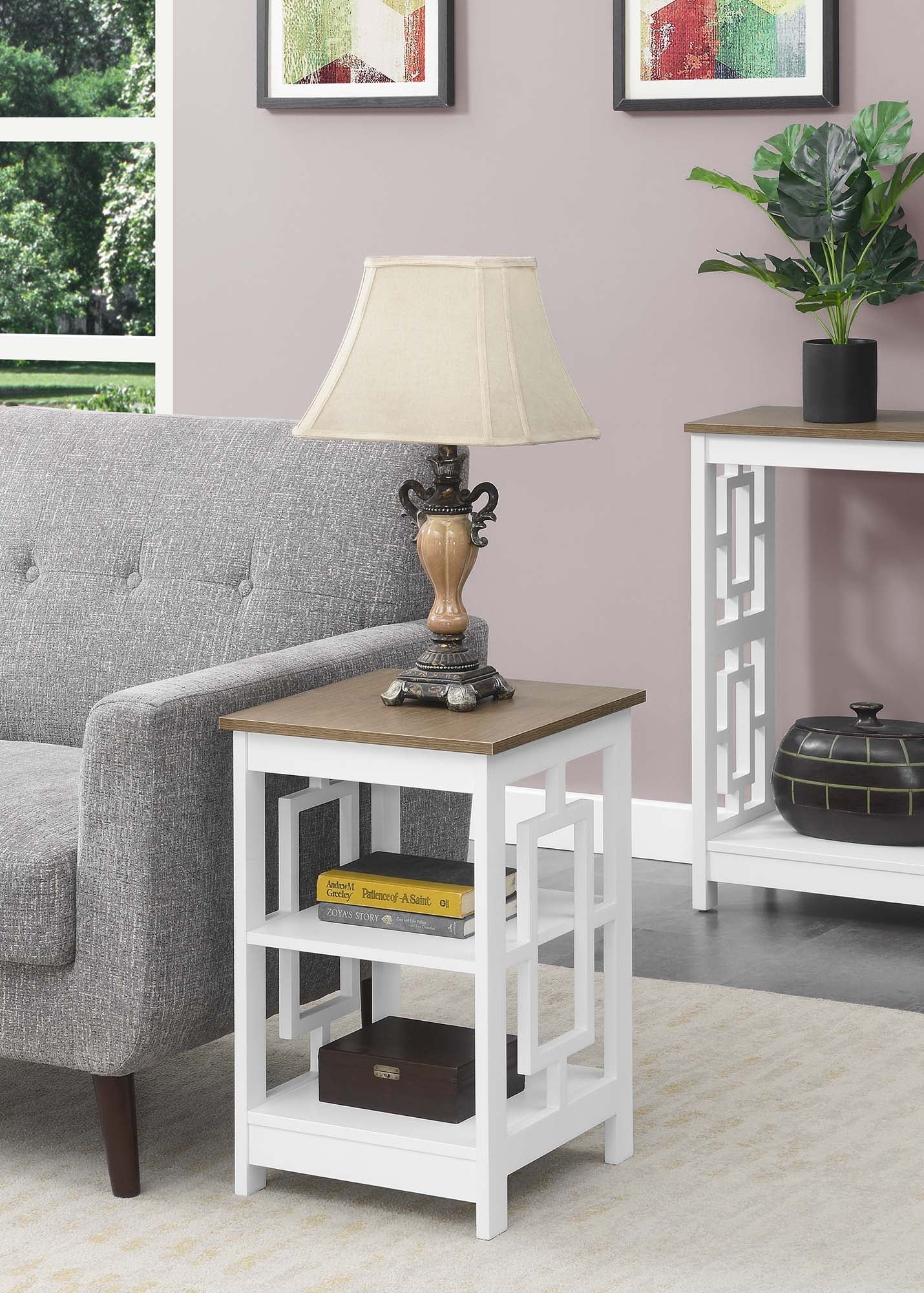 Convenience Concepts Town Square End Table with Shelves, Driftwood/White