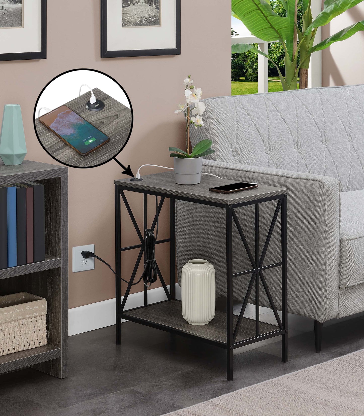 Convenience Concepts Tucson Starburst Chairside End Table with Charging Station and Shelf, Weathered Gray/Black