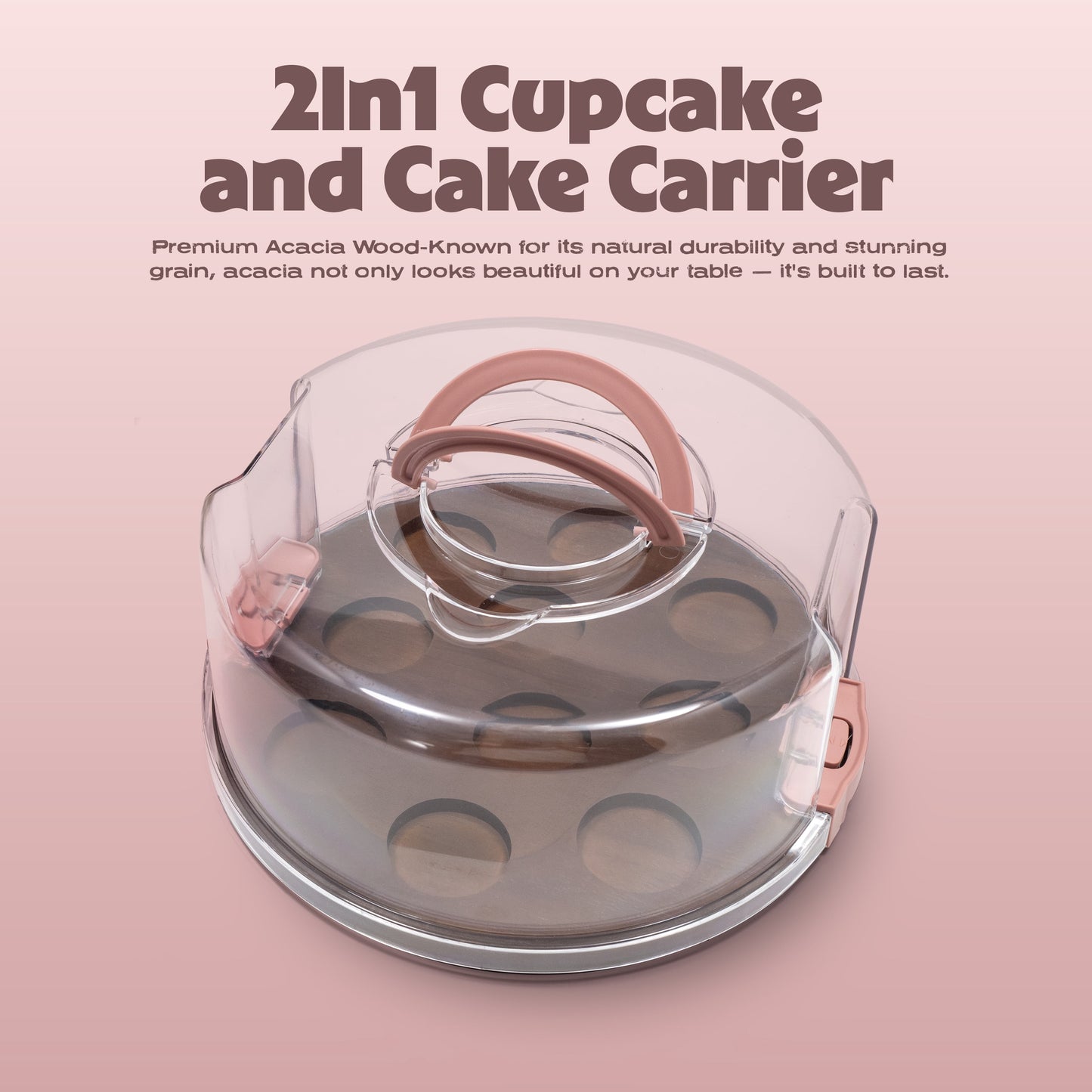 Cook with Color Acacia Wood Cake and Cupcake Carrier with Reversible Tray and Locking Lid, Round, Ideal Use for Entertaining and Party Transportation