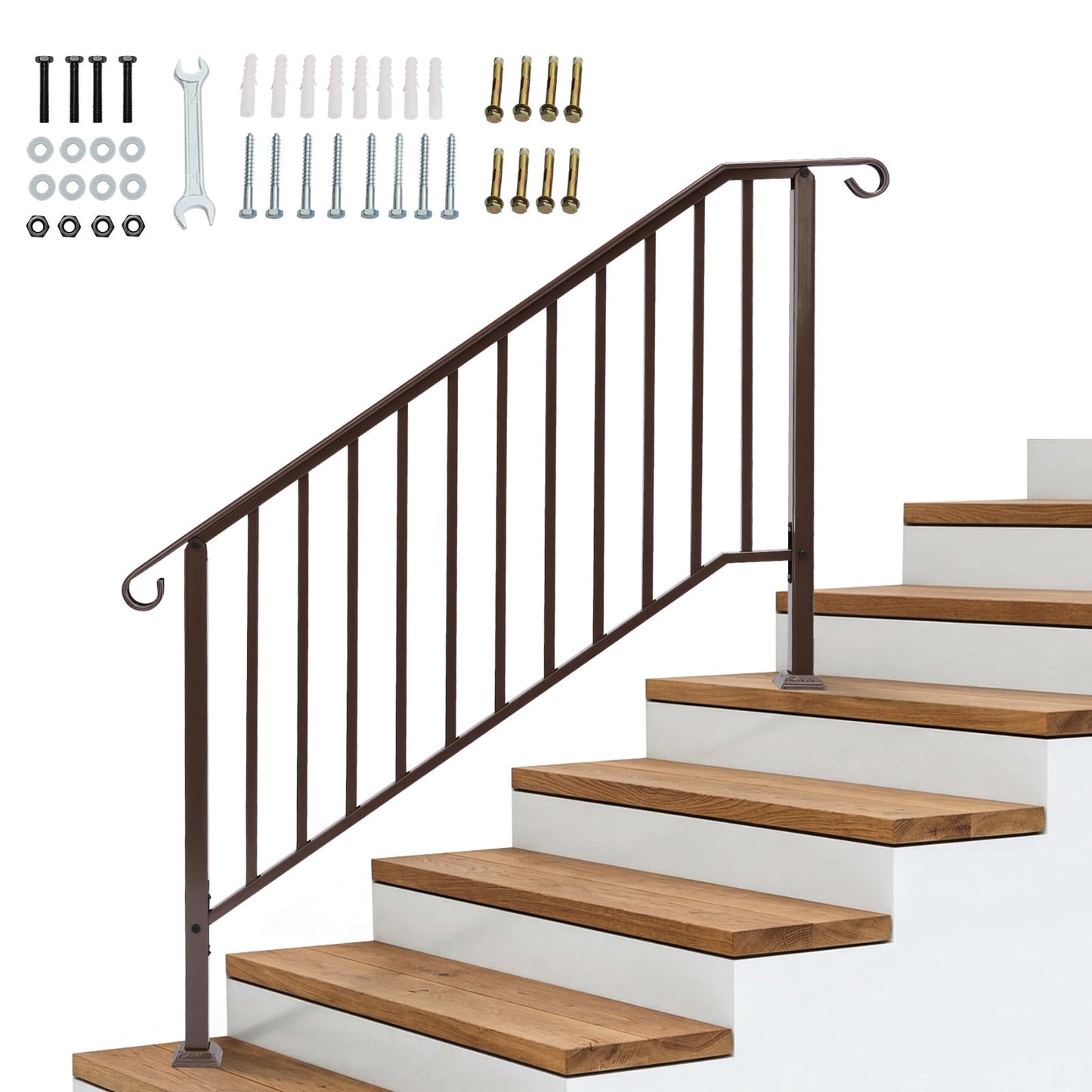 Copper Galvanized Iron Stair Handrail Curved Step Railing Fit 4-5 Steps Outdoor Garden Steps Non-Rust Powder Coated Safety Picket Rail With Installation Hardware