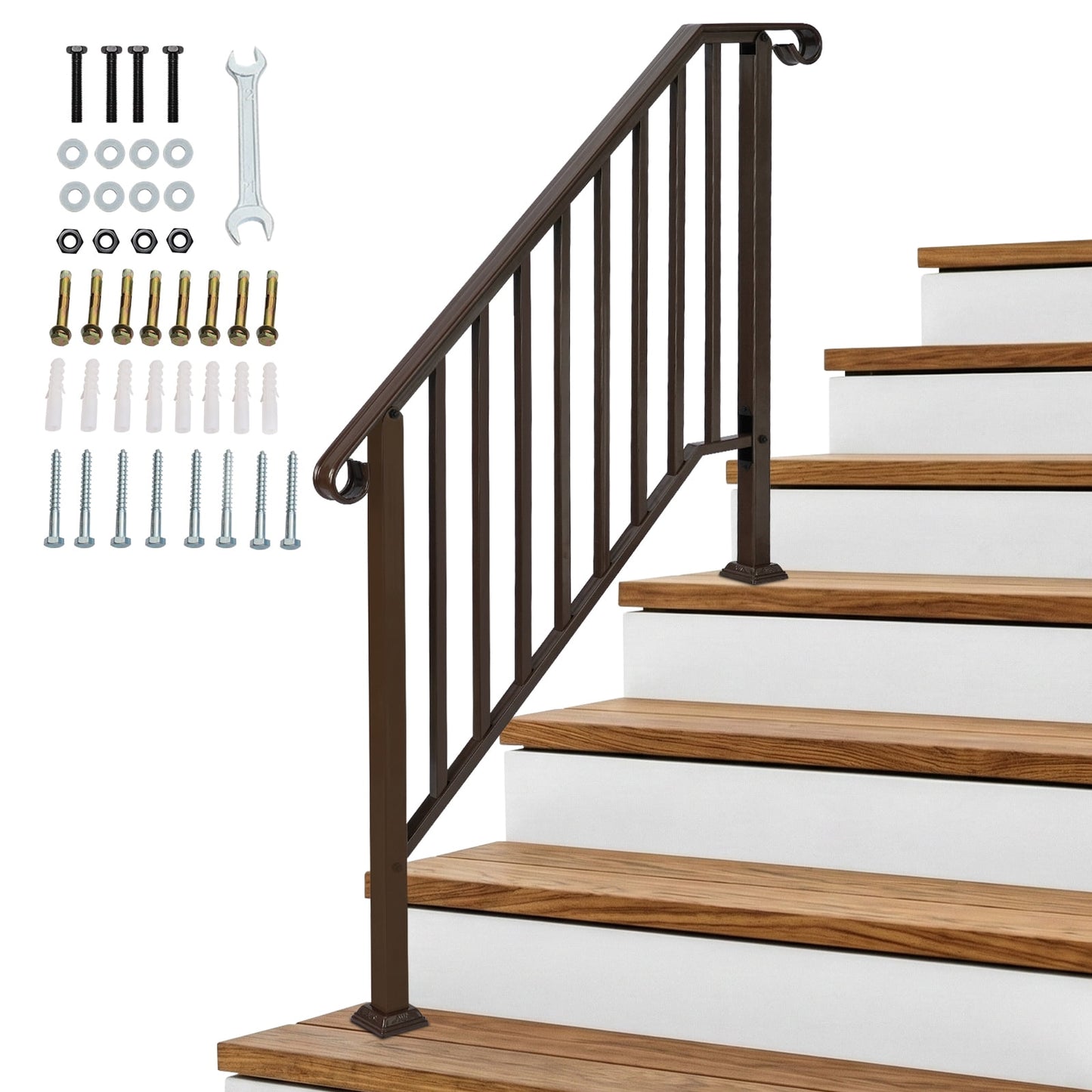 Silver Powder Coated Galvanized Iron Stair Handrail Curved Picket Step Railing Fit 3 Steps Outdoor Garden Anti-Rust Safety Rail With Installation Hardware
