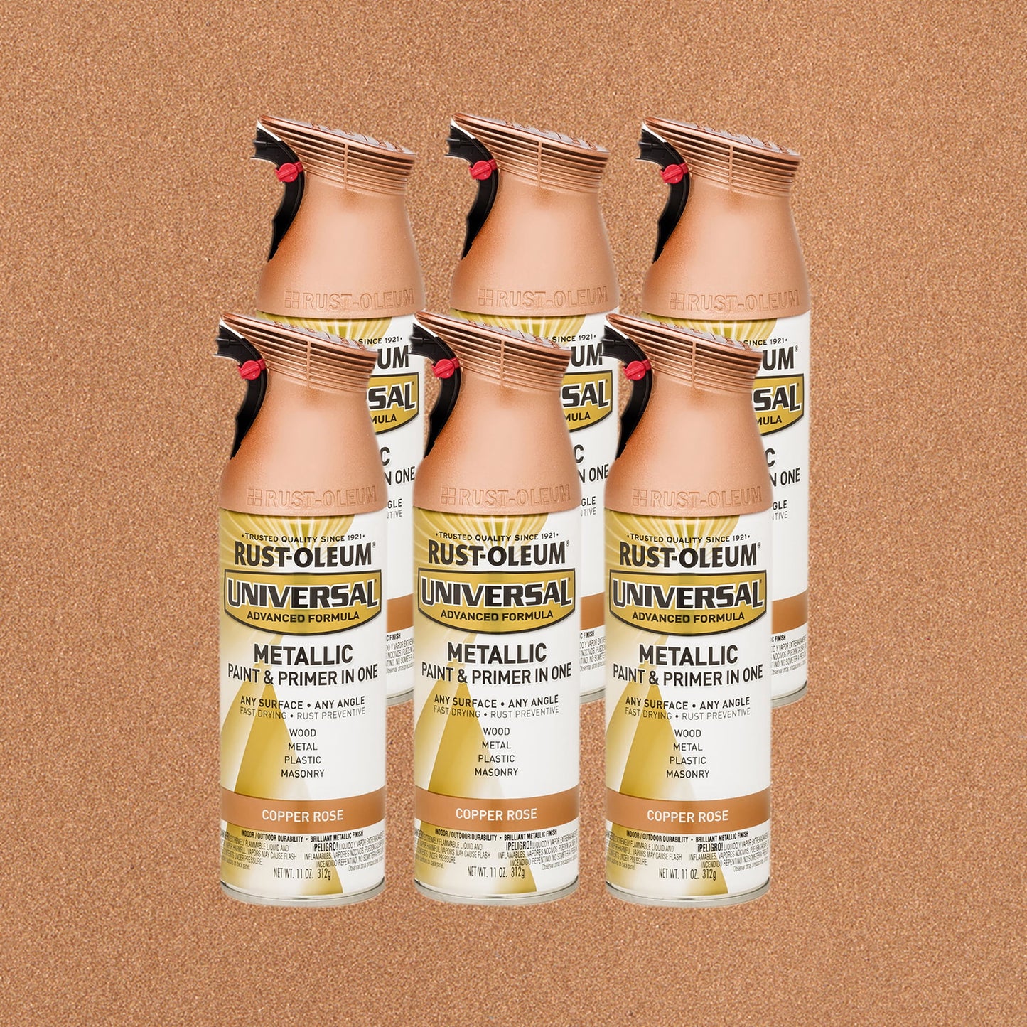 6 Pack, Copper Rose, Rust-Oleum Universal All Surface Interior/Exterior Metallic Spray Paint-314559, 11 oz