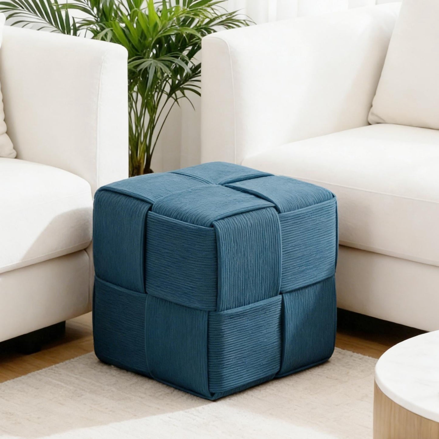 Corduroy Ottoman Foot Rest, Square Upholstered Stool with High-Density Foam and Wood Frame, 300 Lbs Capacity, Multi-Purpose Footstool for Living Room Bedroom Nursery, Blue