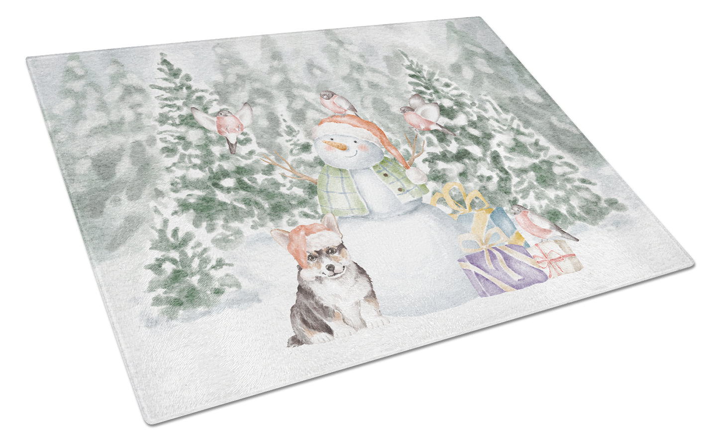 Corgi Puppy Black and Tan Points with Christmas Presents Glass Cutting Board Large 12 in x 15 in