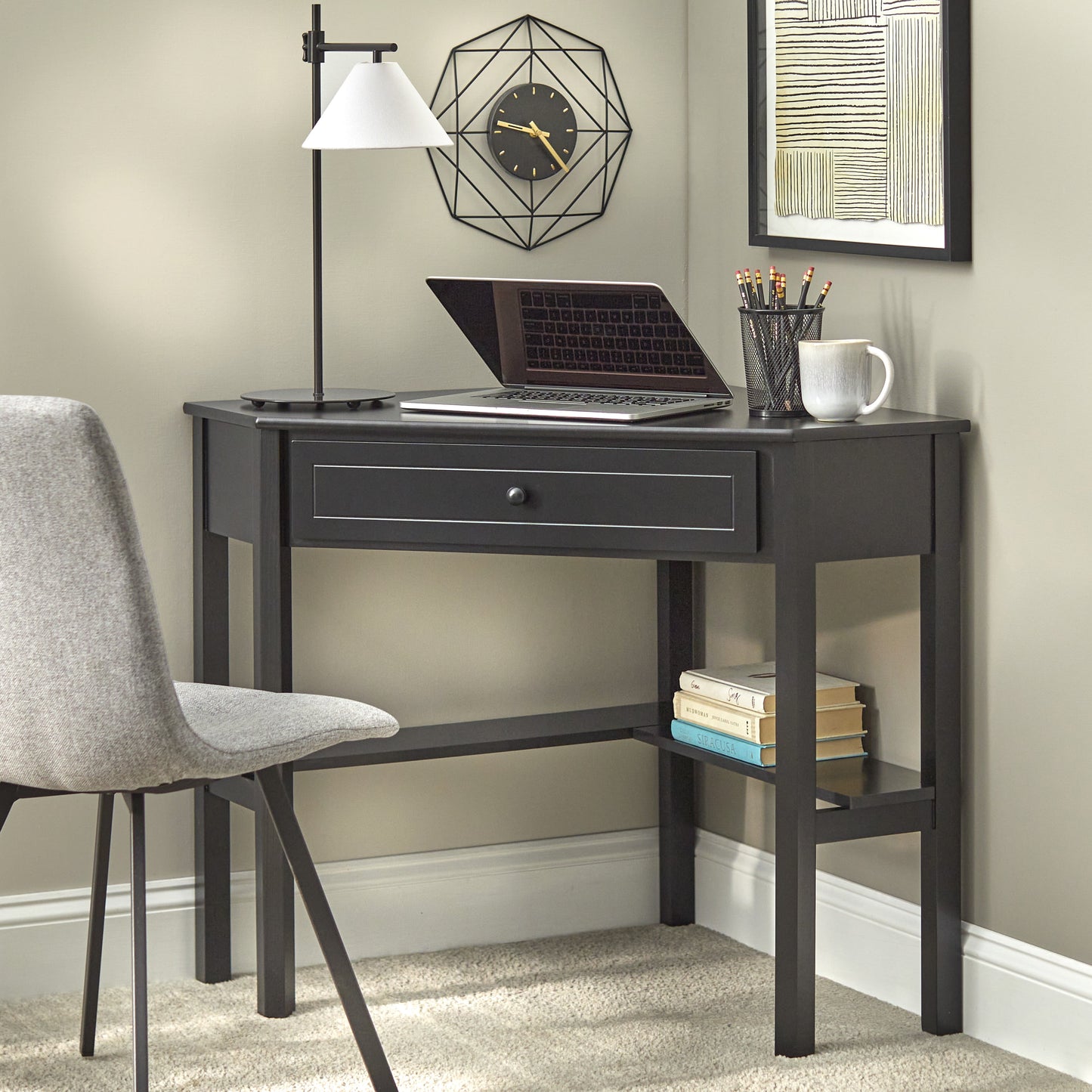 Corner Writing Desk with Pullout Drawer and Shelf, Multiple Finishes