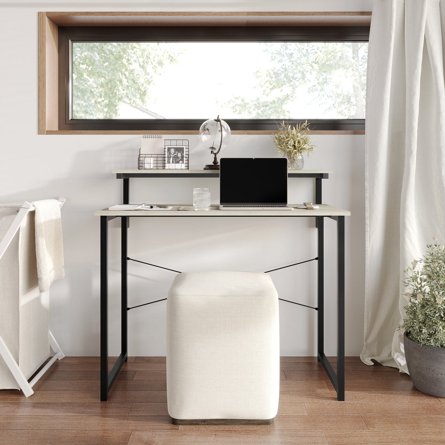 Castle Place Minimalist 39" Metal Computer Desk With Shelf, Light Grey