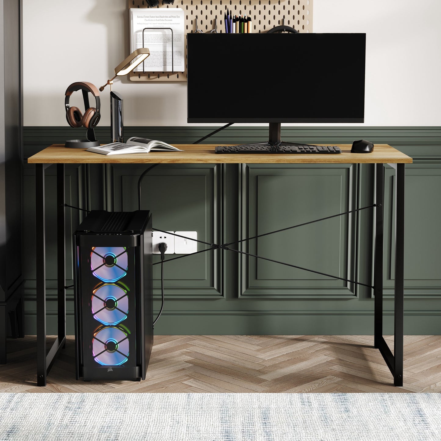 Castle Place Modern 47" Metal Computer Desk, Light Oak