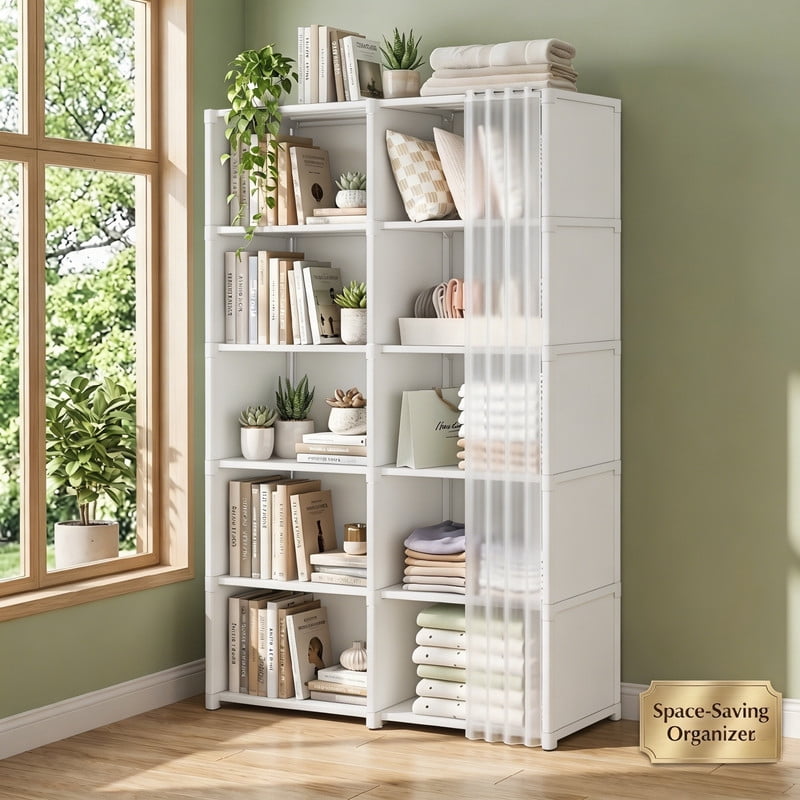 Cube Storage Organizer with Sliding Dustproof Curtain, 5-Tier DIY Freestanding Bookshelf & Closet Wardrobe, Translucent Cover Storage Cabinet for Bedroom, Living Room, Office,Black