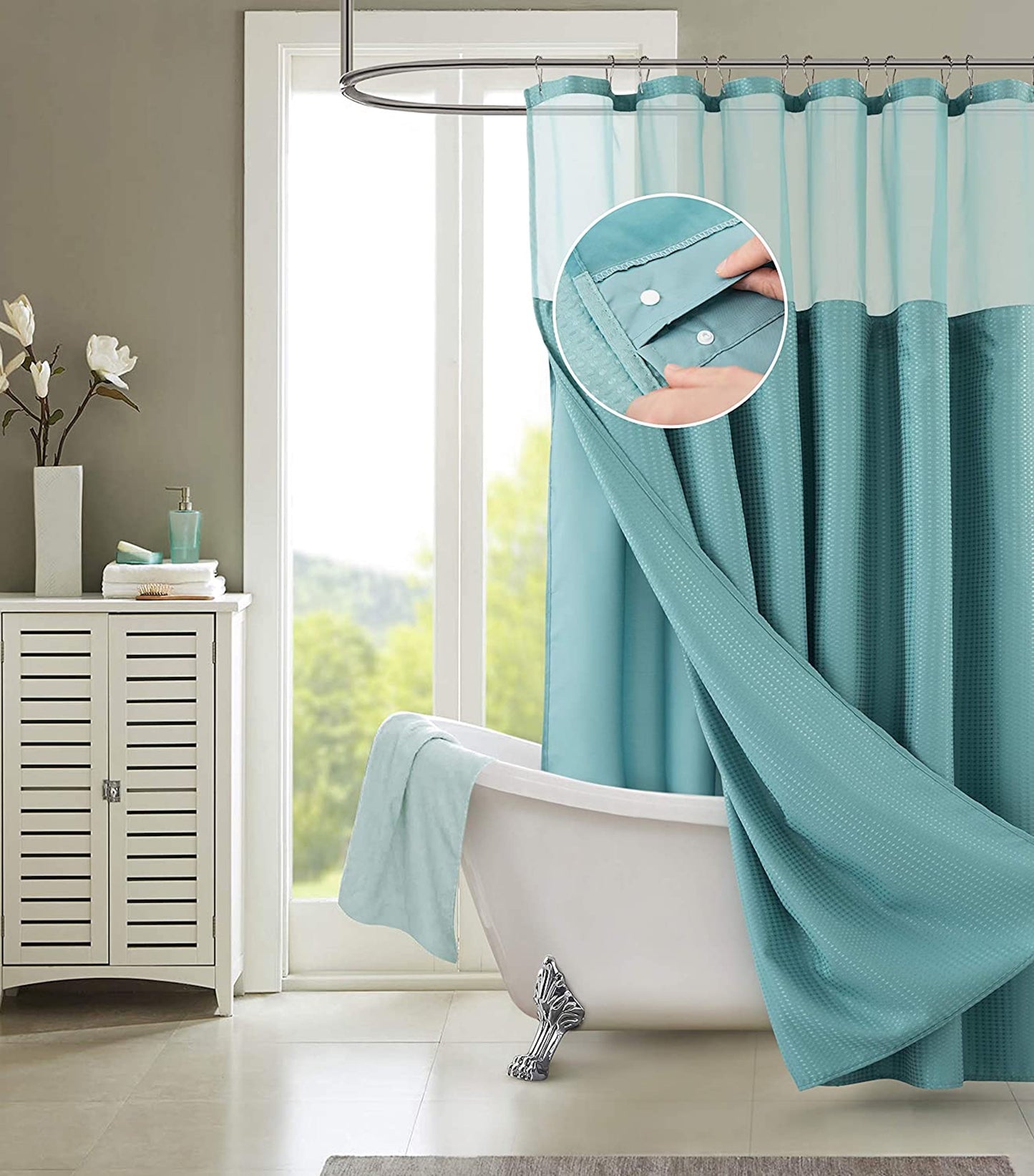 DAINTY HOME COMPLETE 2 IN 1 WAFFLE WEAVE HOTEL Spa Style Fabric Shower Curtain Snap On/Off Waterproof Detachable Liner Set, 72 inch wide x 72 inch long in Aqua