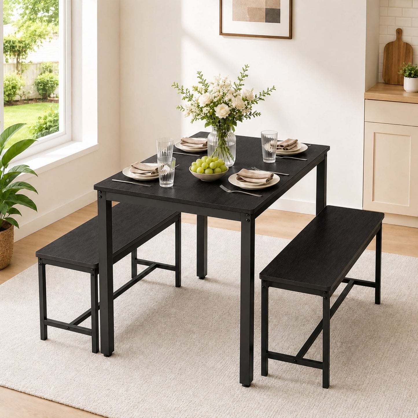 DEALTOPS 3-Piece Industrial Dining Table Set with 2 Benches – Compact Kitchen & Small Space Furniture, Black
