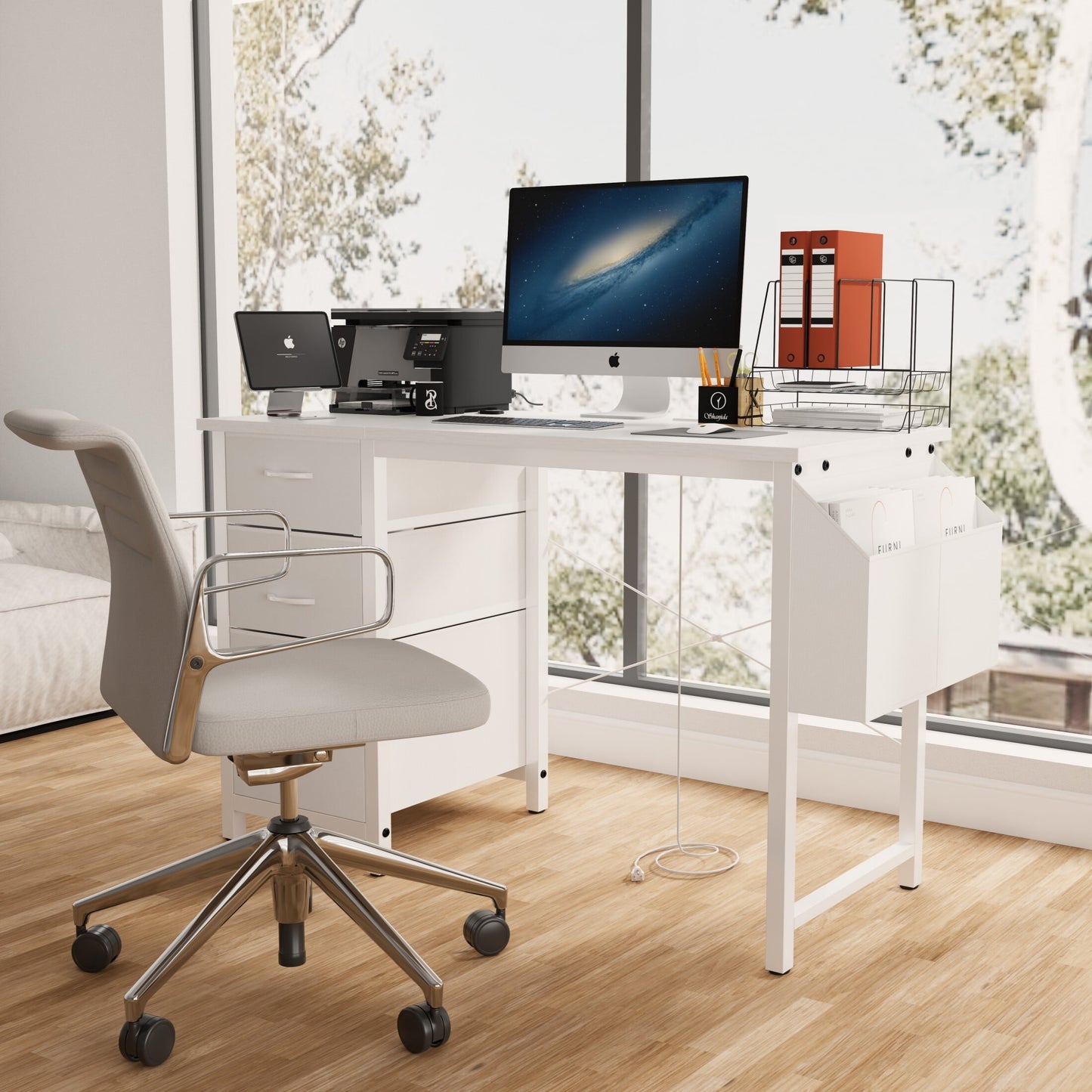 DEALTOPS Computer Desk with Power Outlets, Office desk with Reversible Fabric Drawers and Side Pocket, White