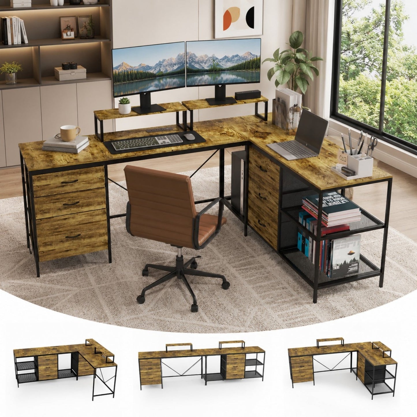 DEALTOPS Reversible L-Shaped Computer Desk with Charging Station, 6 Drawers, Shelves & Monitor Stands, Brown