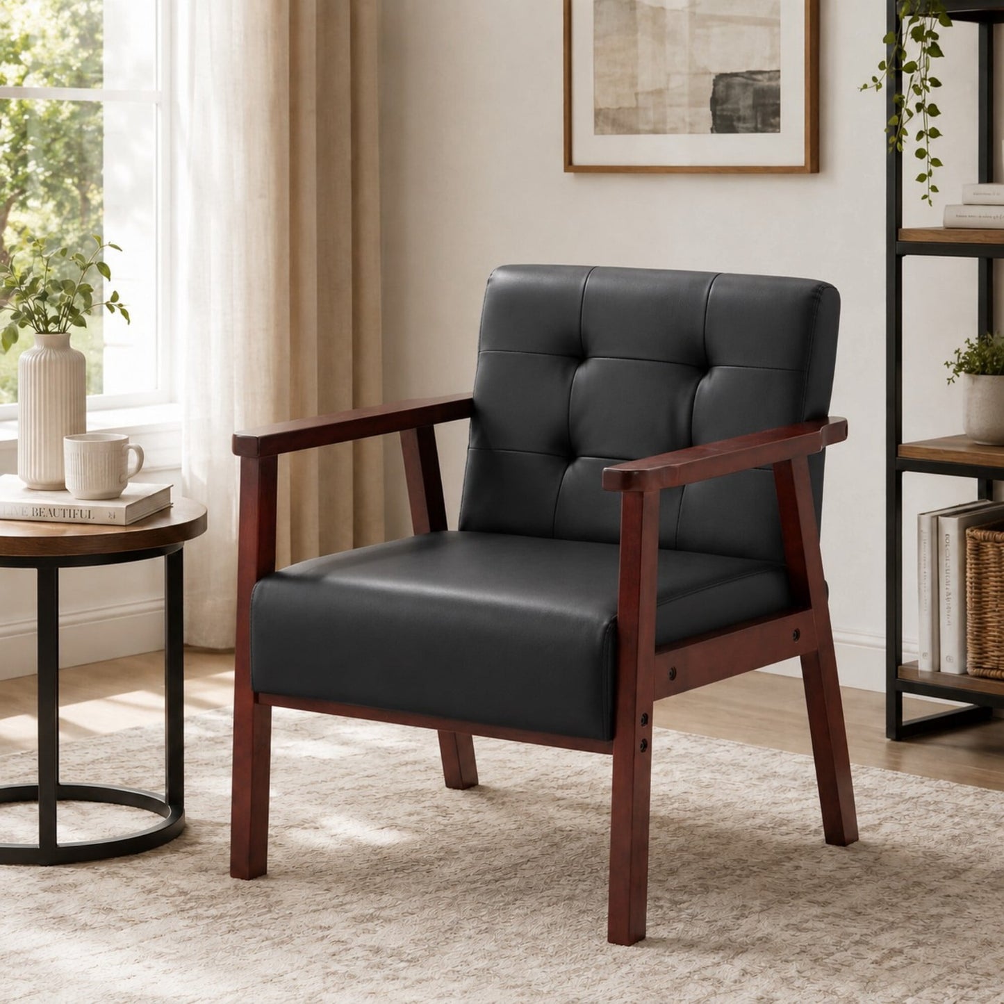 DEALTOPS Wood Accent Armchair, PU Upholstered Tufted Chair for Living Room Bedroom Office, Black