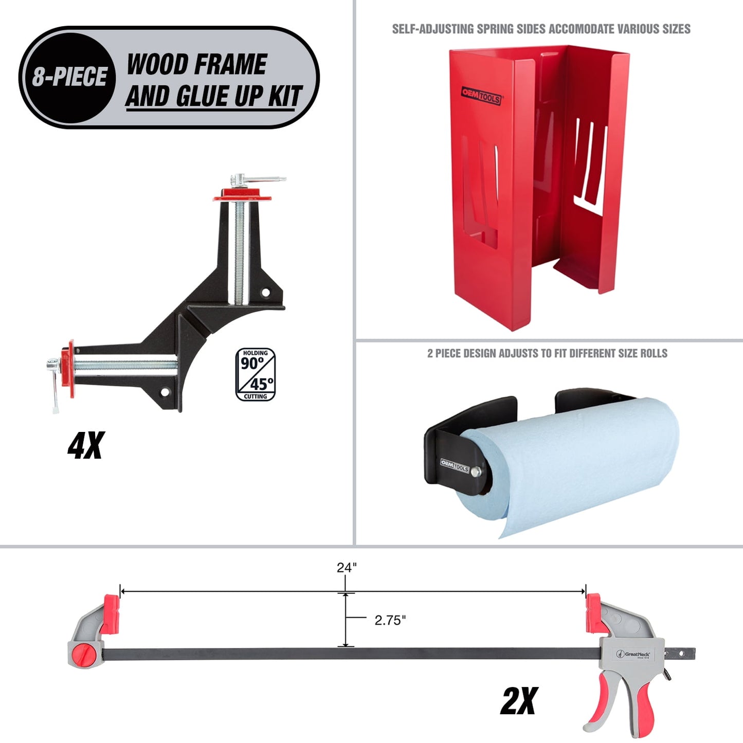 DIY Wood Frame and Glue up Kit with Glove dispenser, 90 degree Frame clamps, 24 inch Bar Clamps and Magnetic Towel Holder.