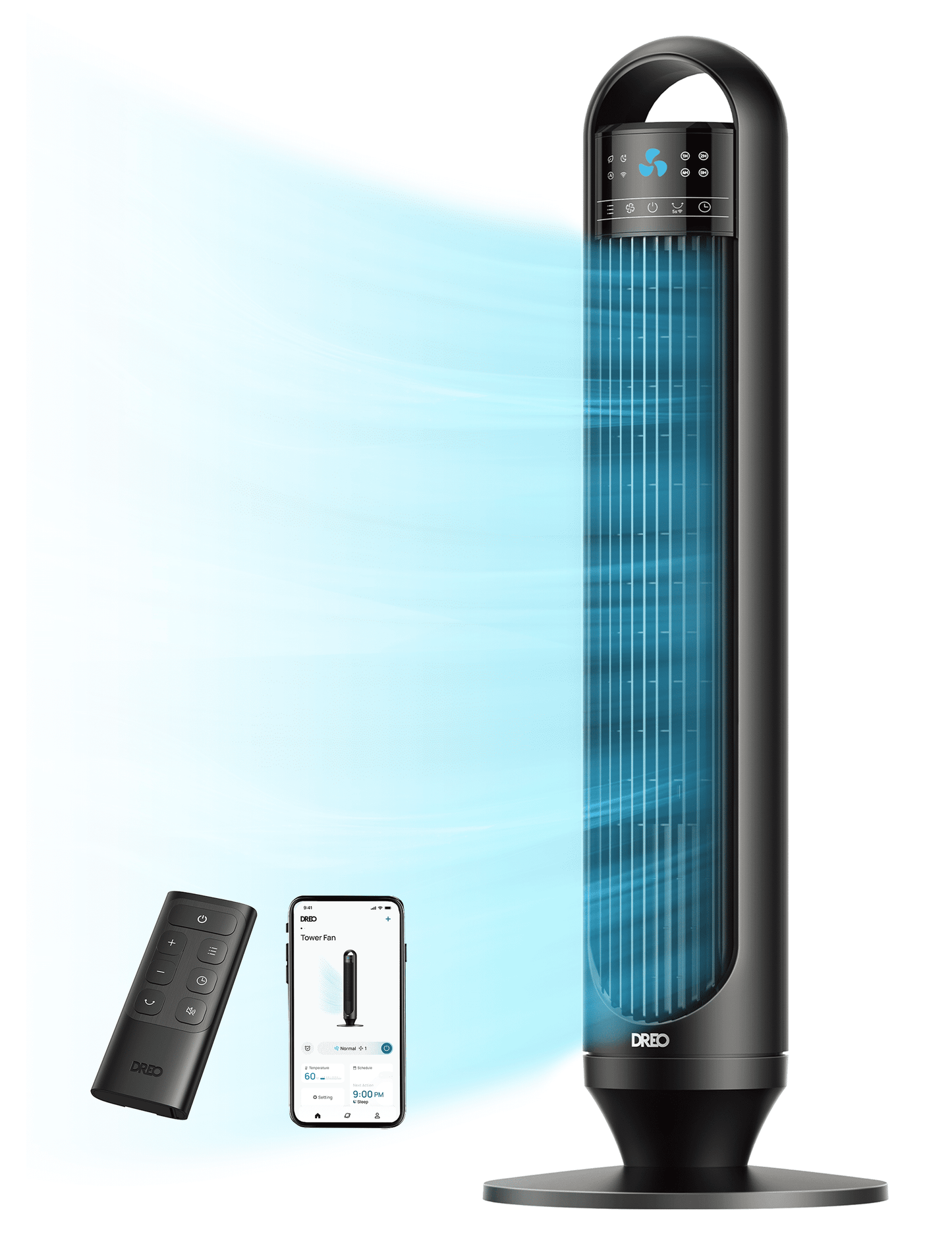 DREO 32-Inch Smart Tower Fan for Home, 26 ft/S Bladeless Fan with Remote, 90° Oscillating, 3 Modes, 3 Speeds, LED Display, 8H Timer, Quiet Room Fan
