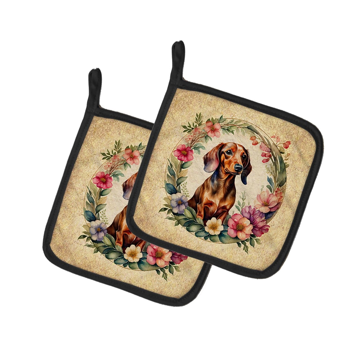Dachshund and Flowers Pair of Pot Holders