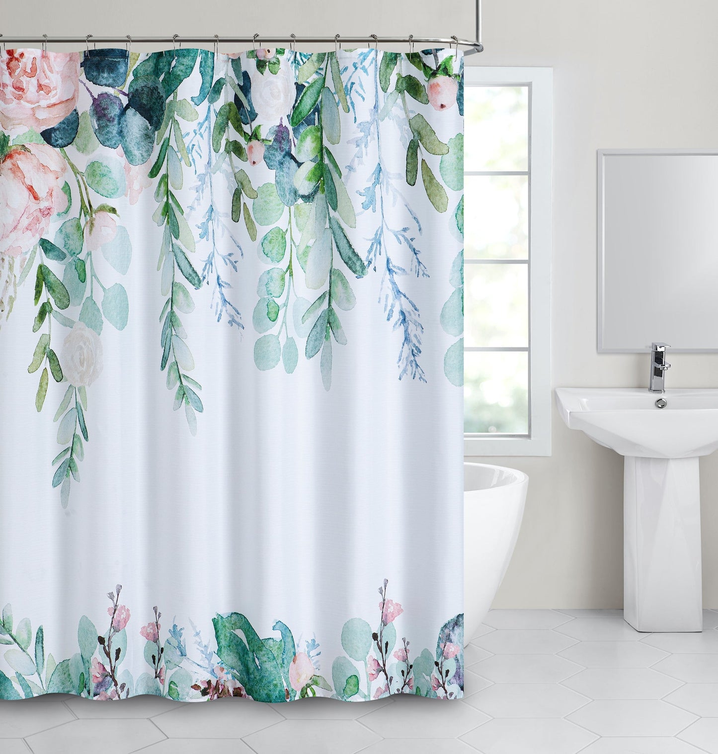 Dainty Home Multicolor Floral Fabric Shower Curtain with 12 Metal Rollerball Hooks – 3D Textured Design, Water-Repellent, Machine-Washable Bathroom Curtain, 70" x 72"