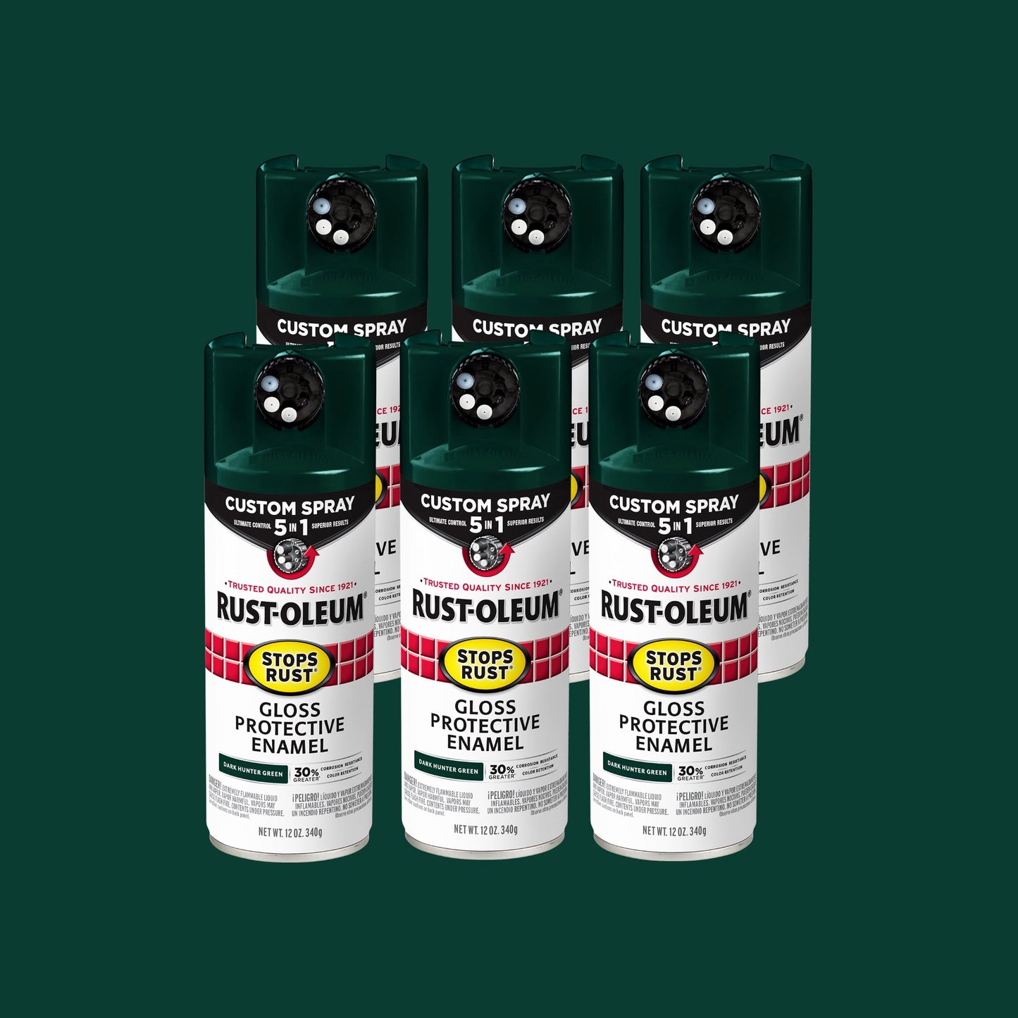 Paquete de 6, Verde Cazador Oscuro, Rust-Oleum Detiene el Óxido Aerosol Personalizado 5 en 1 Pintura en Aerosol Brillante-376902, 12 oz
