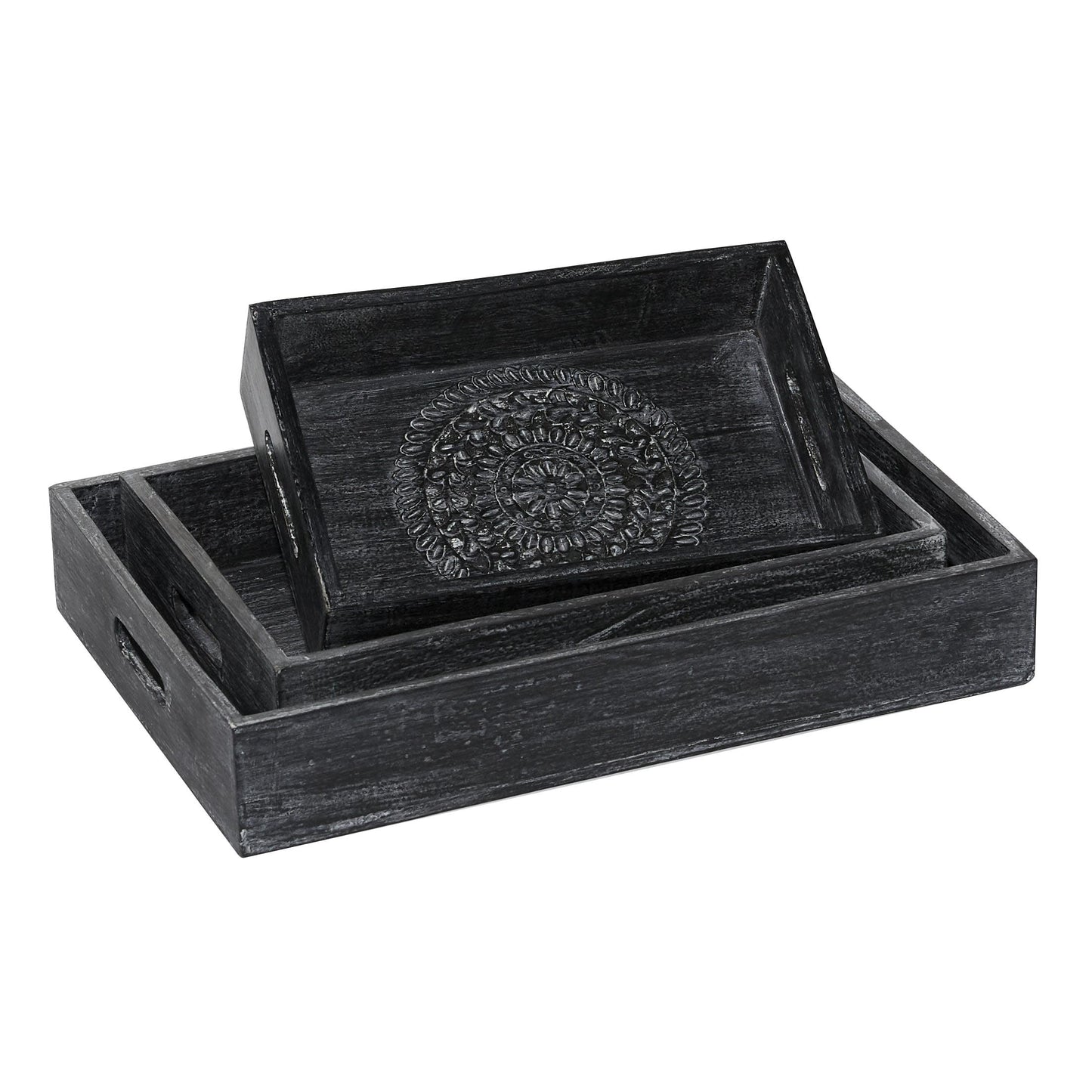 DecMode Bandeja Floral Tallada Intrincada de Madera Negra de 12", 15", 18" de Ancho, 3 Piezas