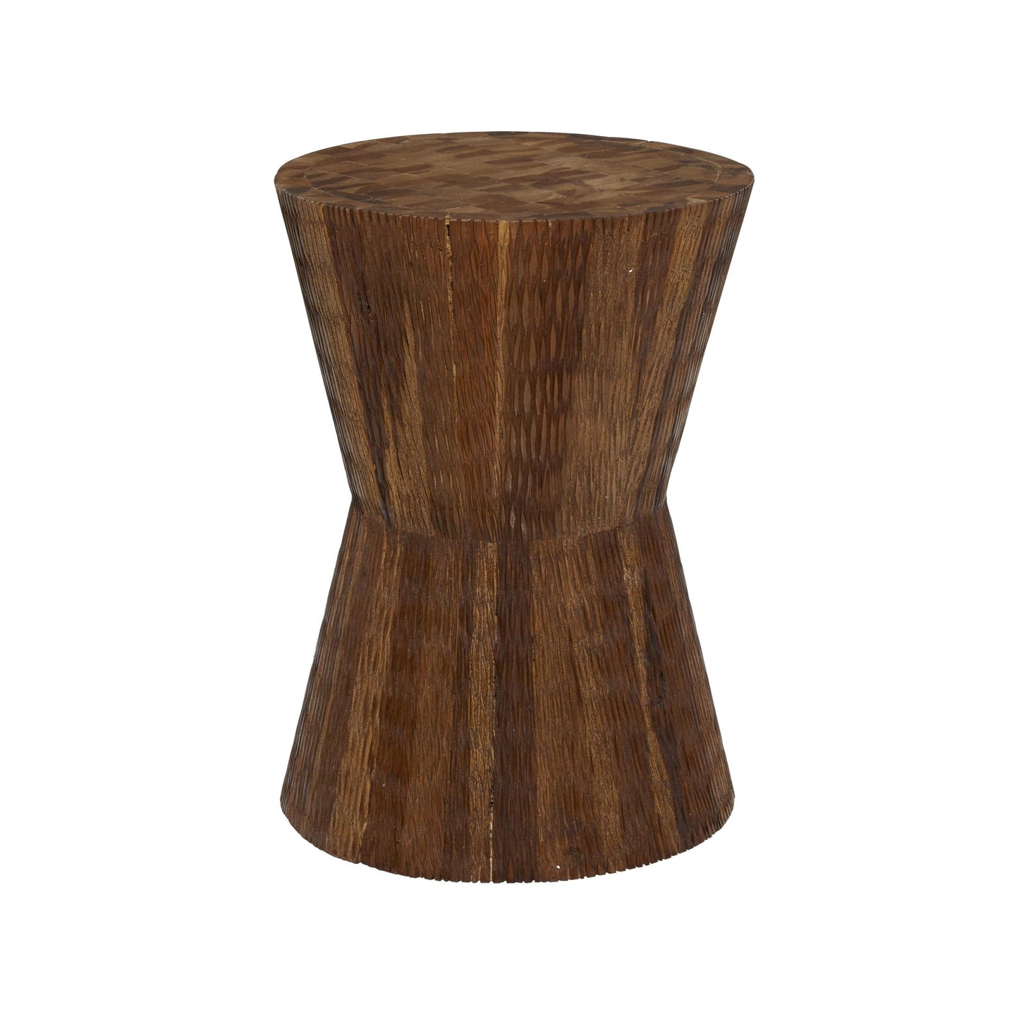 DecMode 13" x 18" Brown Teak Wood Handmade Intricately Carved Drum Accent Table, 1-Piece