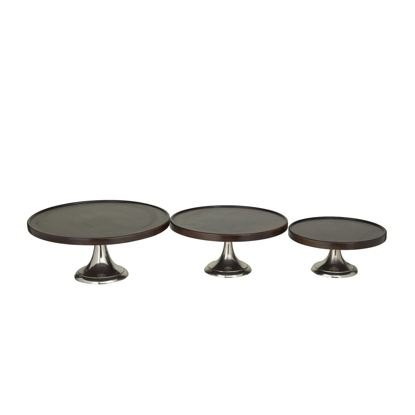 DecMode 14", 12", 10"W Dark Brown Mango Wood Cake Stand with Aluminum Bases, 3-Pieces