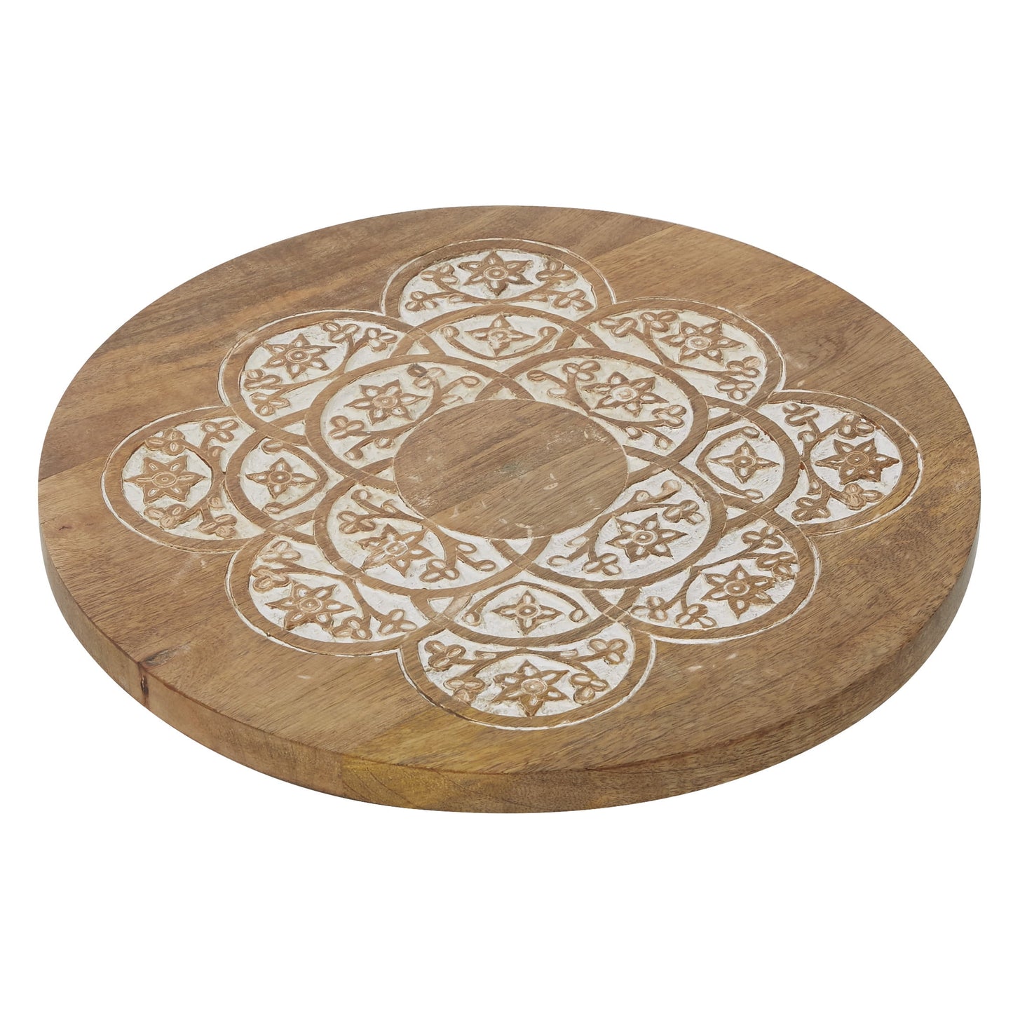 DecMode 14" x 2" Brown Wood Intricately Carved Floral Cake Stand, 1-Piece
