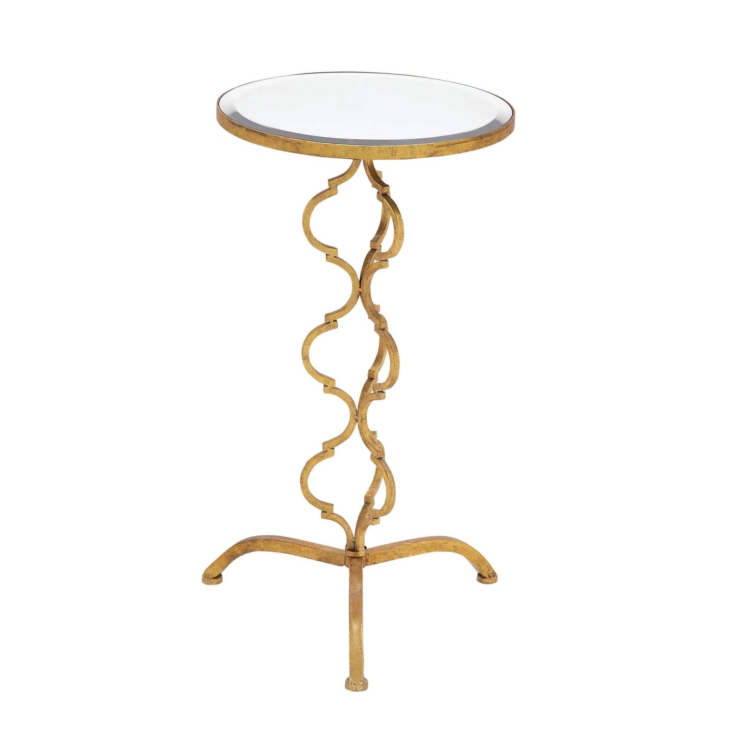 DecMode 16" x 30" Gold Metal Quatrefoil Design Accent Table with Mirrored Glass Top, 1-Piece