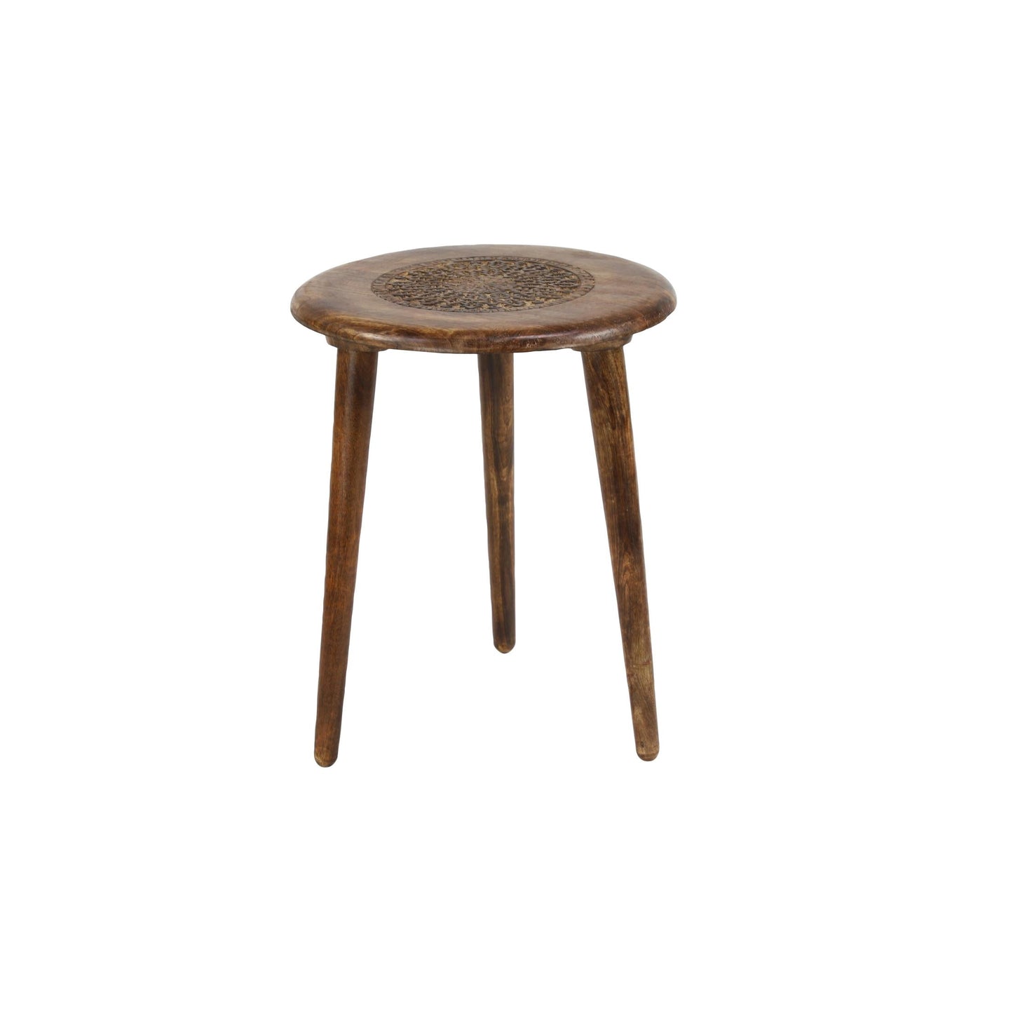 DecMode 17" x 22" Dark Brown Mango Wood Handmade Intricately Carved Floral Accent Table with Tripod Legs, 1-Piece