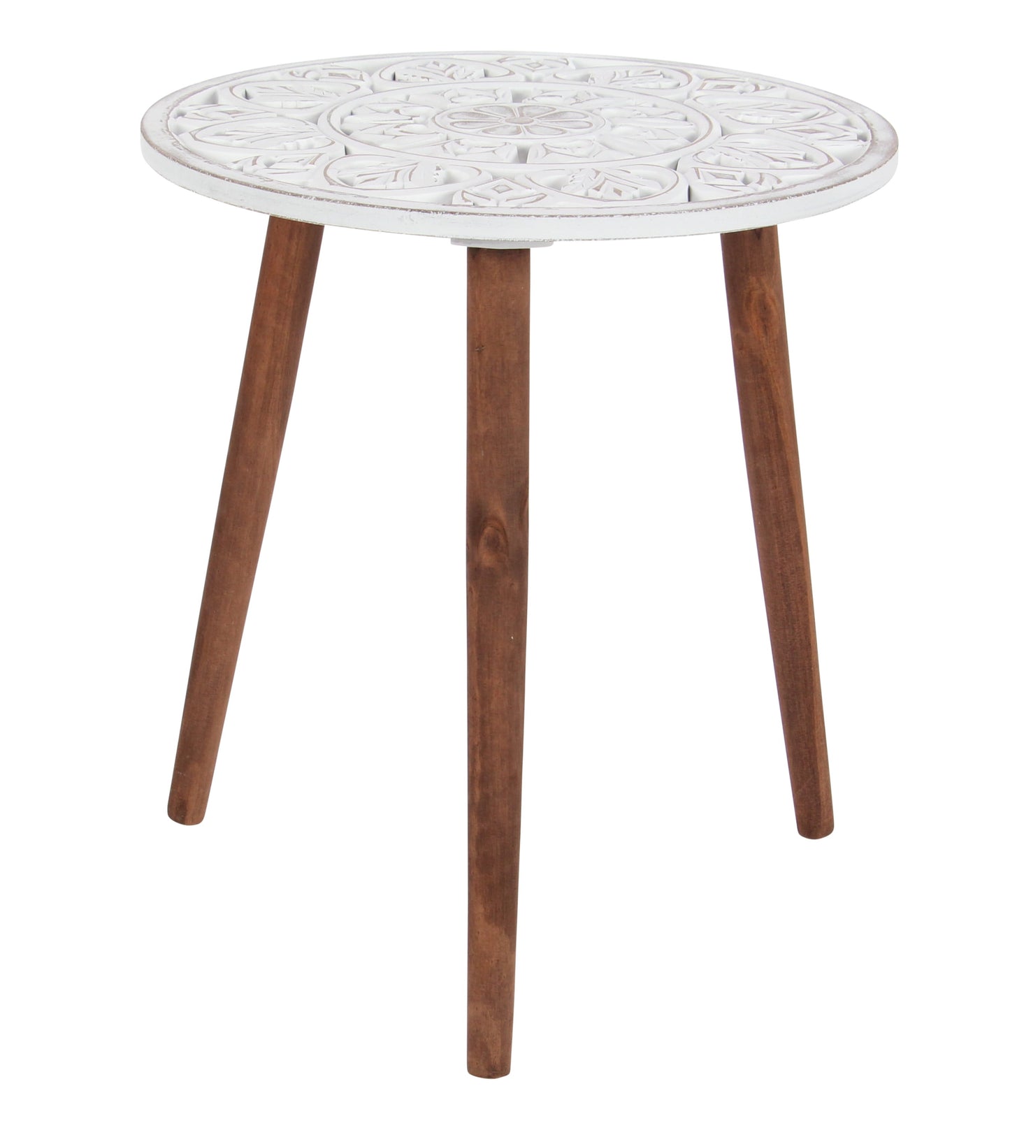 DecMode 19" x 21" White Wood Handmade Intricately Carved Floral Accent Table with 3 Slender Legs, 1-Piece