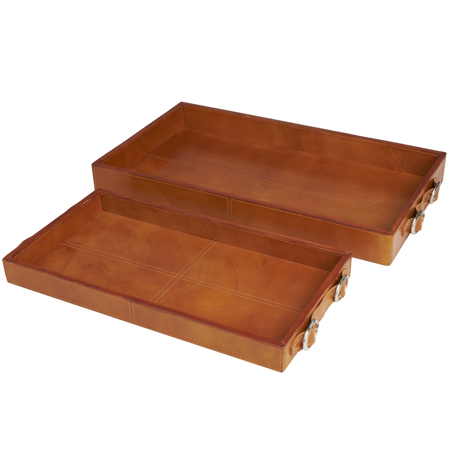 DecMode 21", 17"W Brown Leather Nesting Tray with Buckle Handles, 2-Pieces