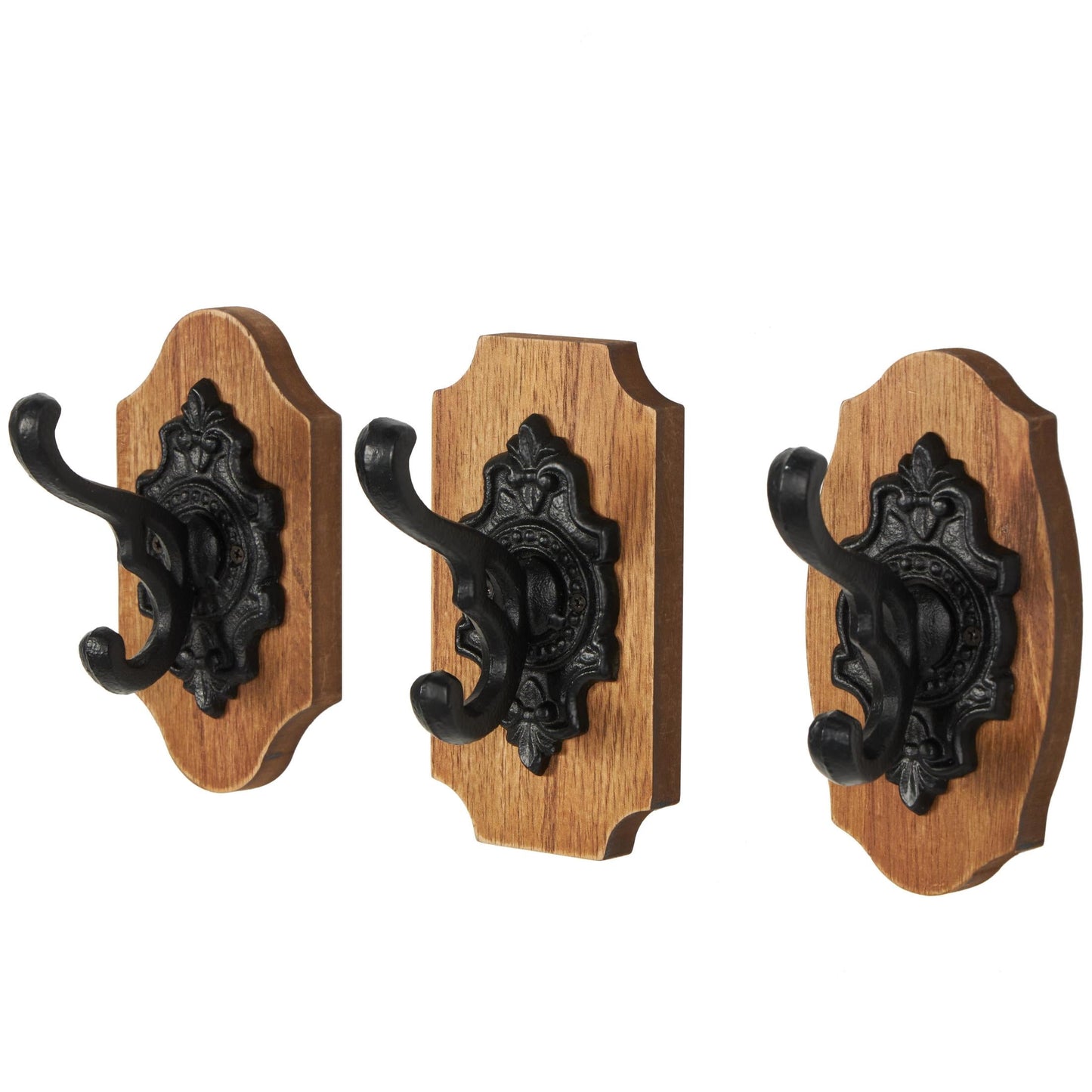 DecMode 4"W, 6"H Brown Wooden Vintage Inspired Fleur De Lis Wall Hook with Black Metal Hooks and Curved Edges, 3-Pieces