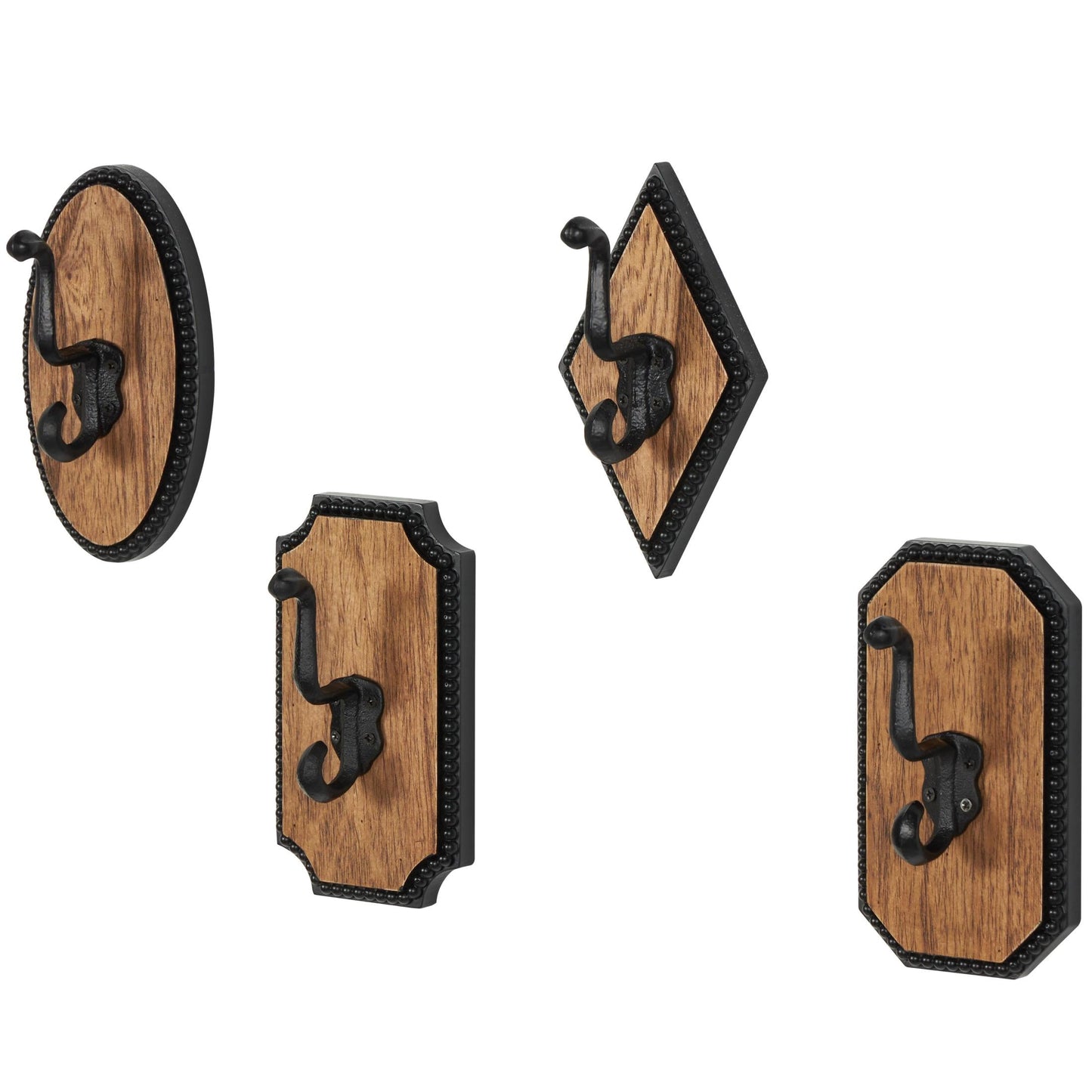 DecMode 4"W, 7"H Brown Wooden Vintage Inspired Geometric Wall Hook with Black Beaded Frames, 4-Pieces