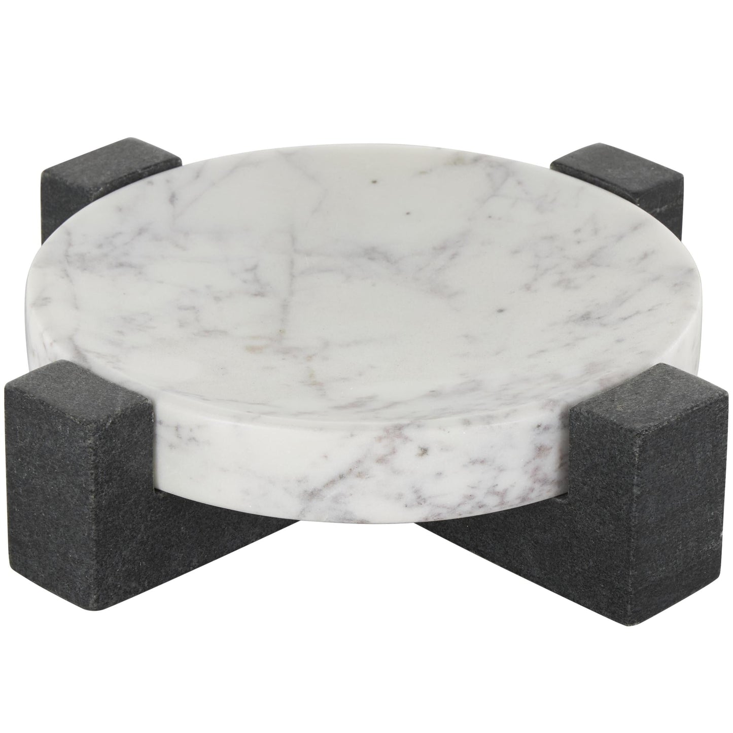 DecMode 8" x 8" White Marble Round Geometric Tray with Black X-Shaped Base, 1-Piece