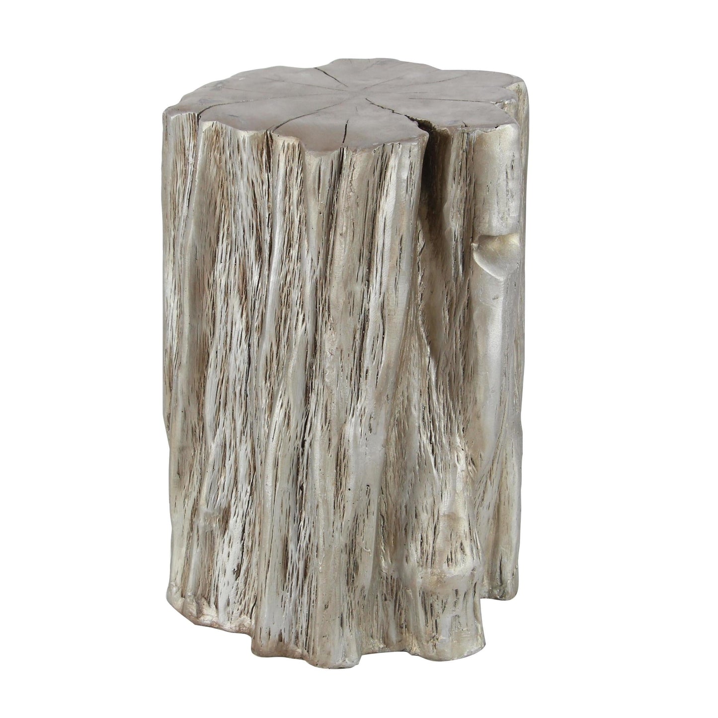 DecMode Eclectic Carved Chopped Tree Log Inspired with Wood Grain Pattern Accent Table, 13"W x 19"H Features Metallic Silver/Gold Finish