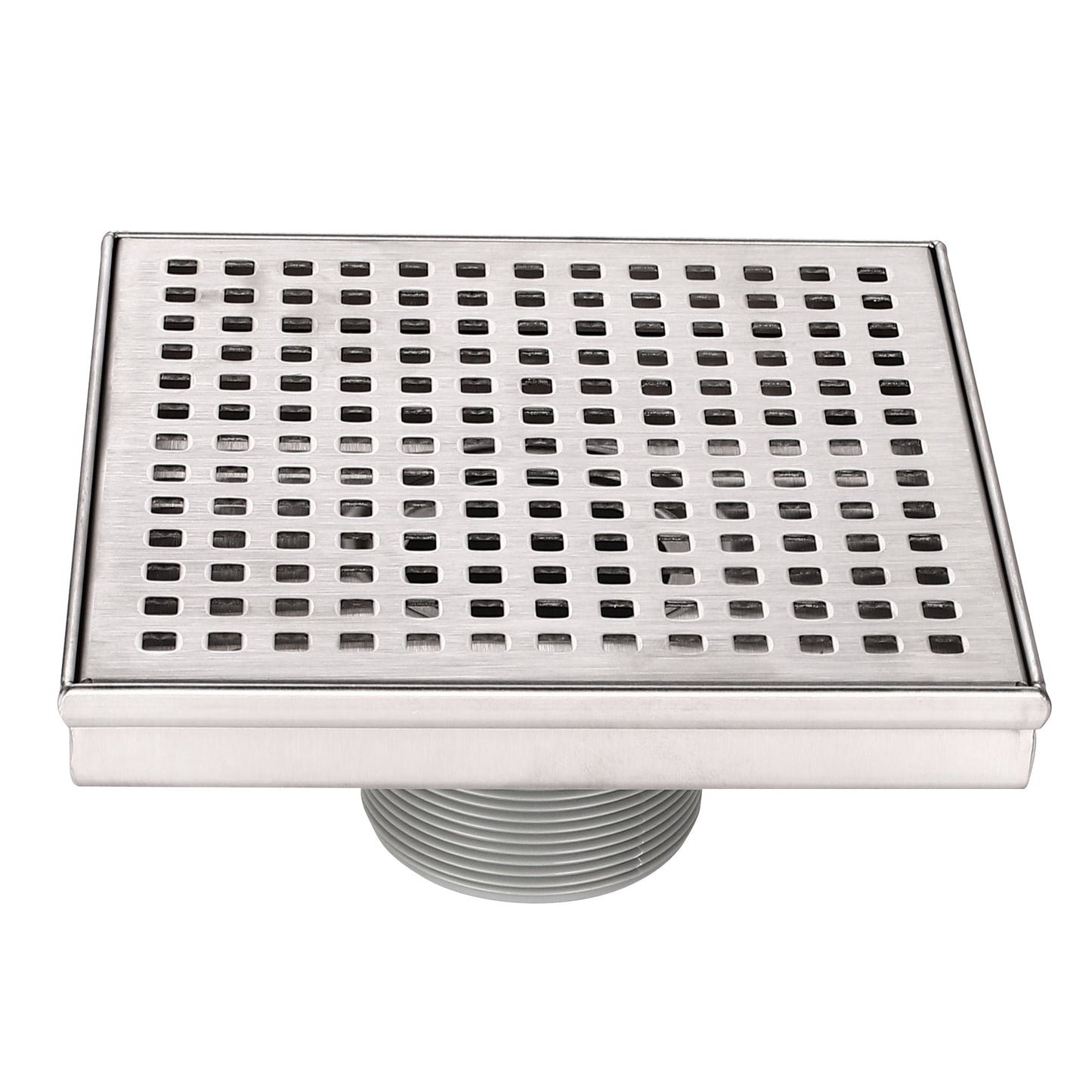 Stainless Steel 6 in. Square Shower Drain, Geometric Square Grate, 304 Stainless Steel, Debris Basket Included