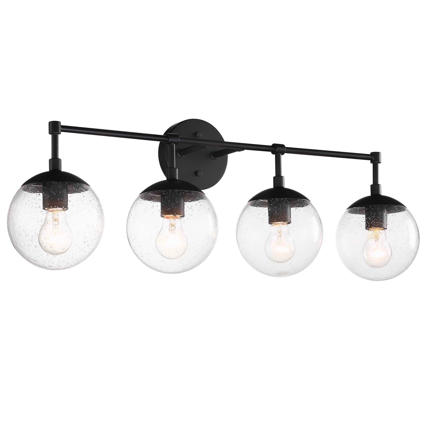 Matte Black 4-Light Bathroom Vanity Light, Clear Seedy Glass Globe Shades, Dimmable