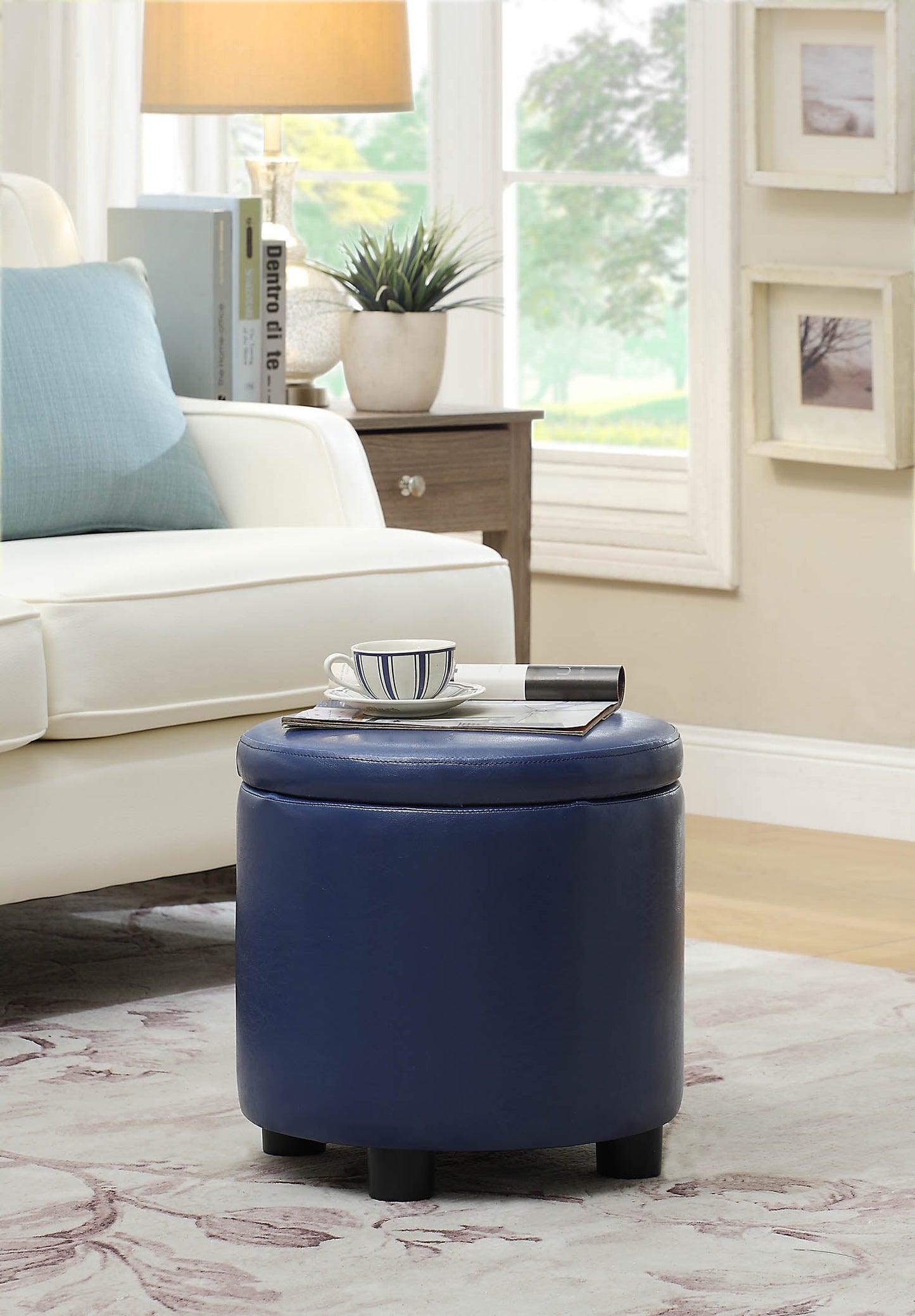 Designs4Comfort Round Accent Storage Ottoman with Reversible Tray Lid, Blue Faux Leather