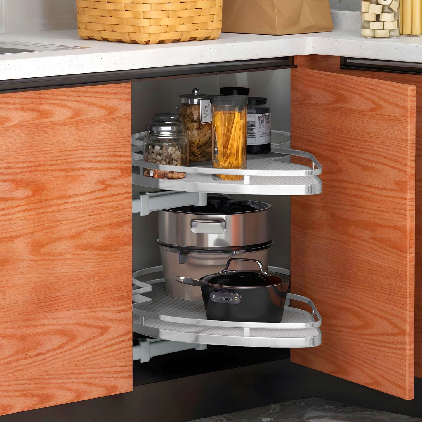 Dextrus 2-Tier Swing Tray, Soft Close Blind Corner Kitchen Cabinet Organizer, Left Swing for 36" and Larger Right Handed Open Blind Kitchen Cabinets