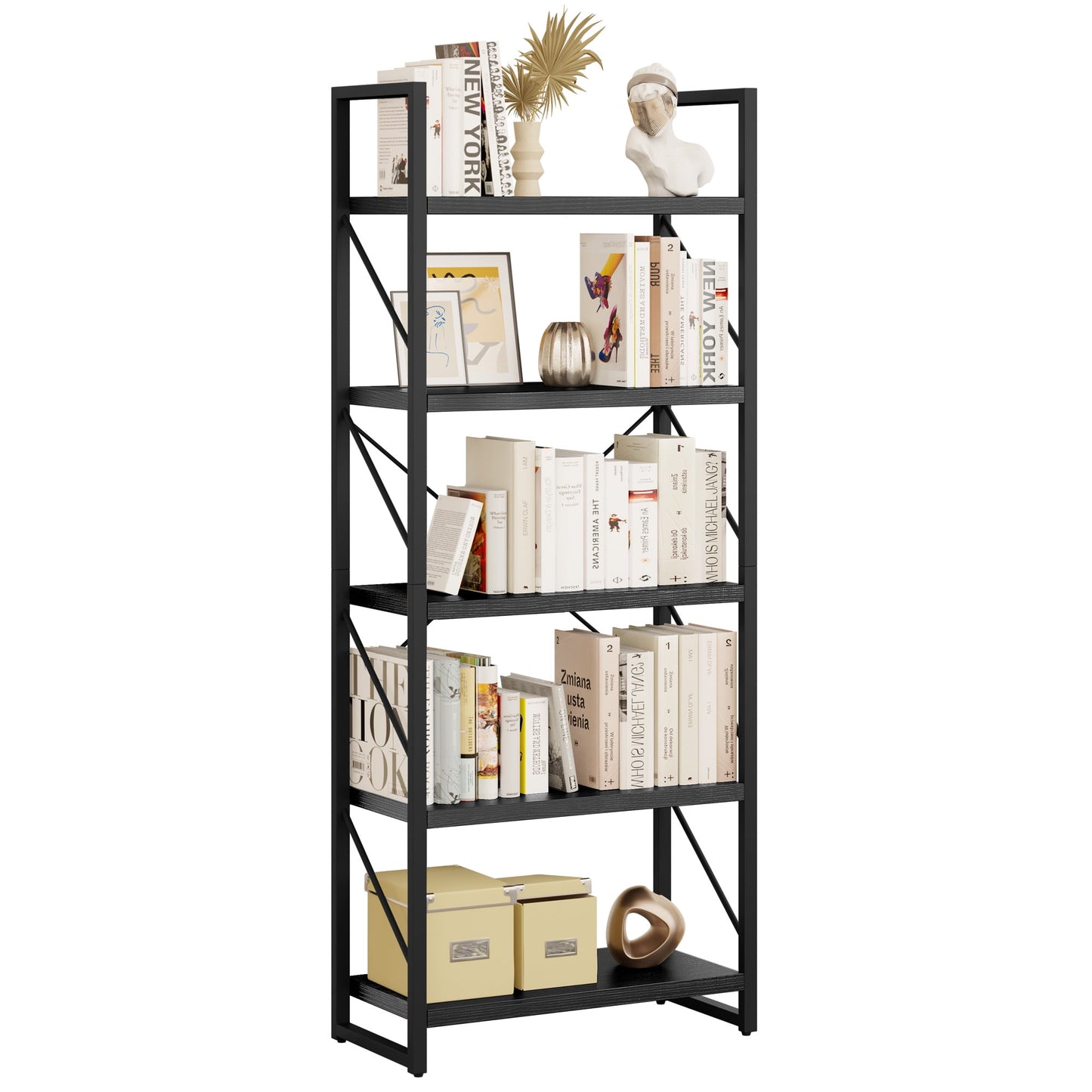 Dextrus 5-Tier Bookshelf, Ladder Bookcase, Industrial Freestanding Book Shelf Modern Open Display Storage Organizer Book Shelves for Bedroom, Living Room and Home Office, Black