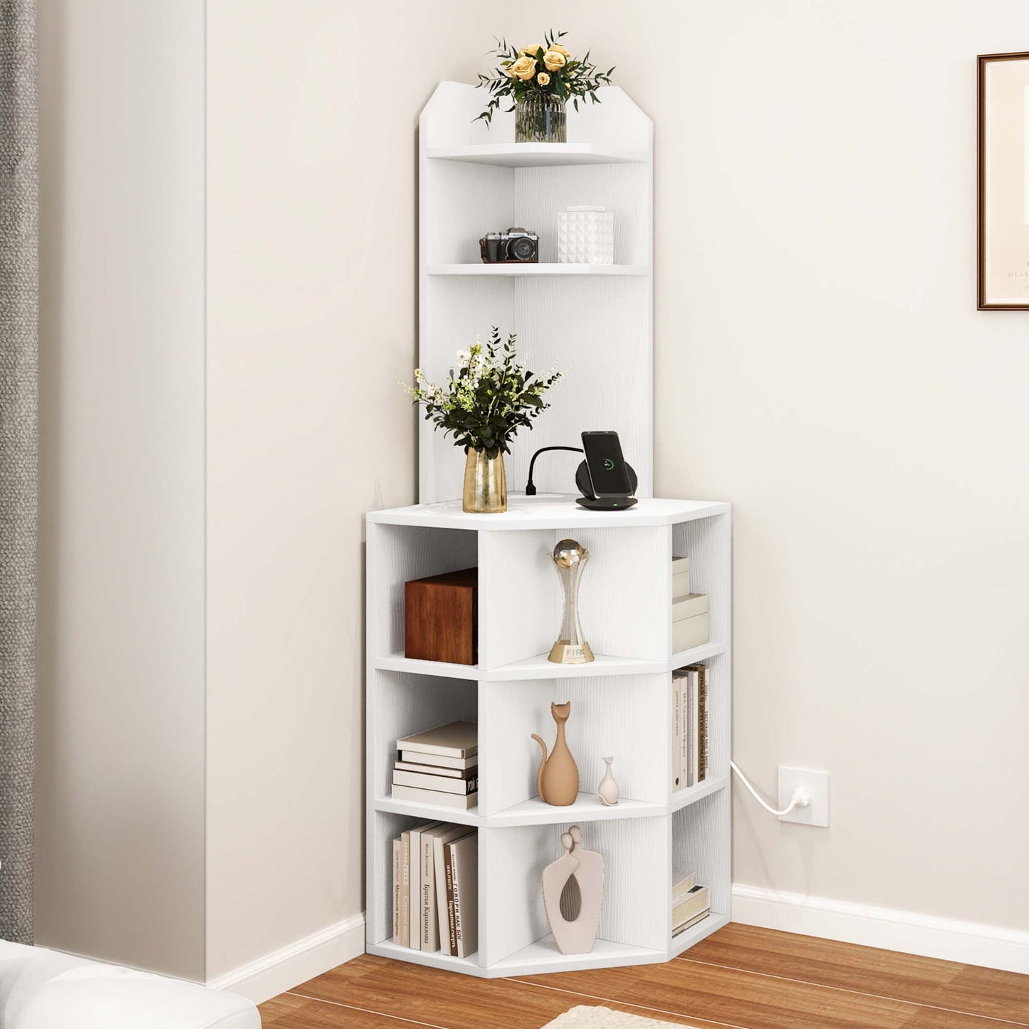 Dextrus 5-Tier Corner Shelf with USB Ports and Outlets, Industrial Corner Bookshelf Bookcase Display Shelves Rack Storage Corner Bar Cabinet for Living Room, Home Office, Kitchen, White