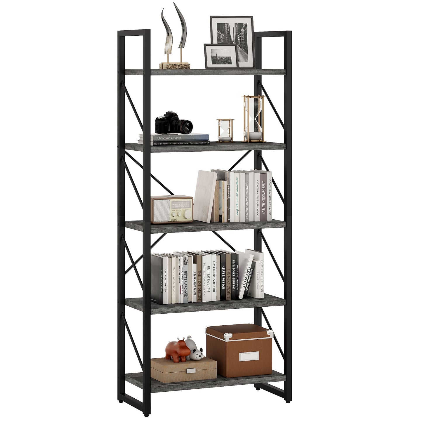 Dextrus 5-Tier Industrial Ladder Freestanding Bookcase with Open Storage Shelves, Gray & Black