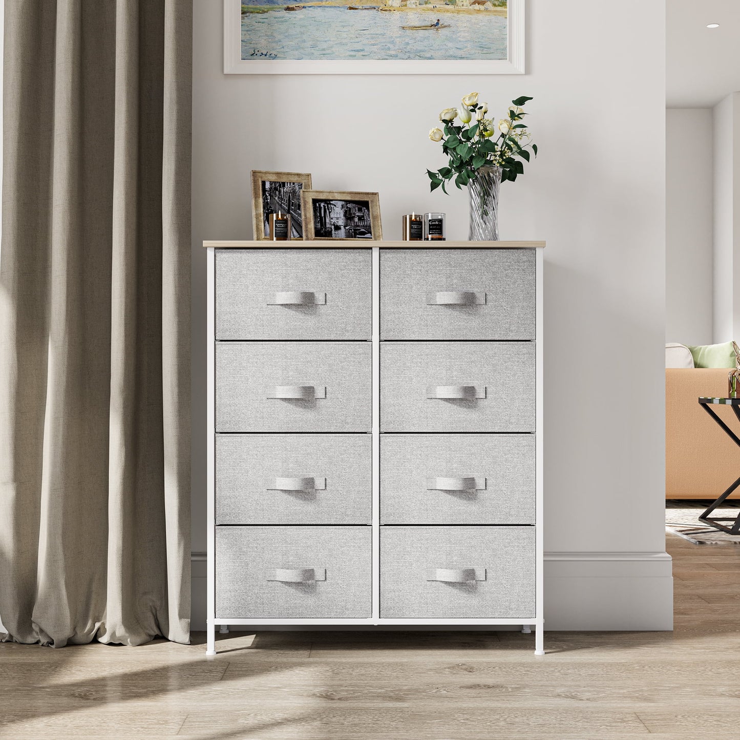 DEXTRUS 8-Drawer Fabric Bin Vertical Dresser for Bedroom for Adults, Light Gray