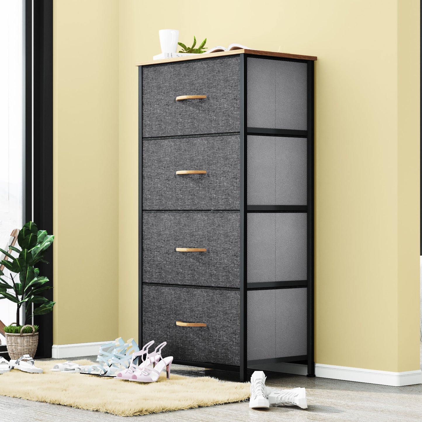 DEXTRUS 4-Drawer Fabric Dresser for Adults & Teens, Bedside Chest Organizer for Bedroom, Gray