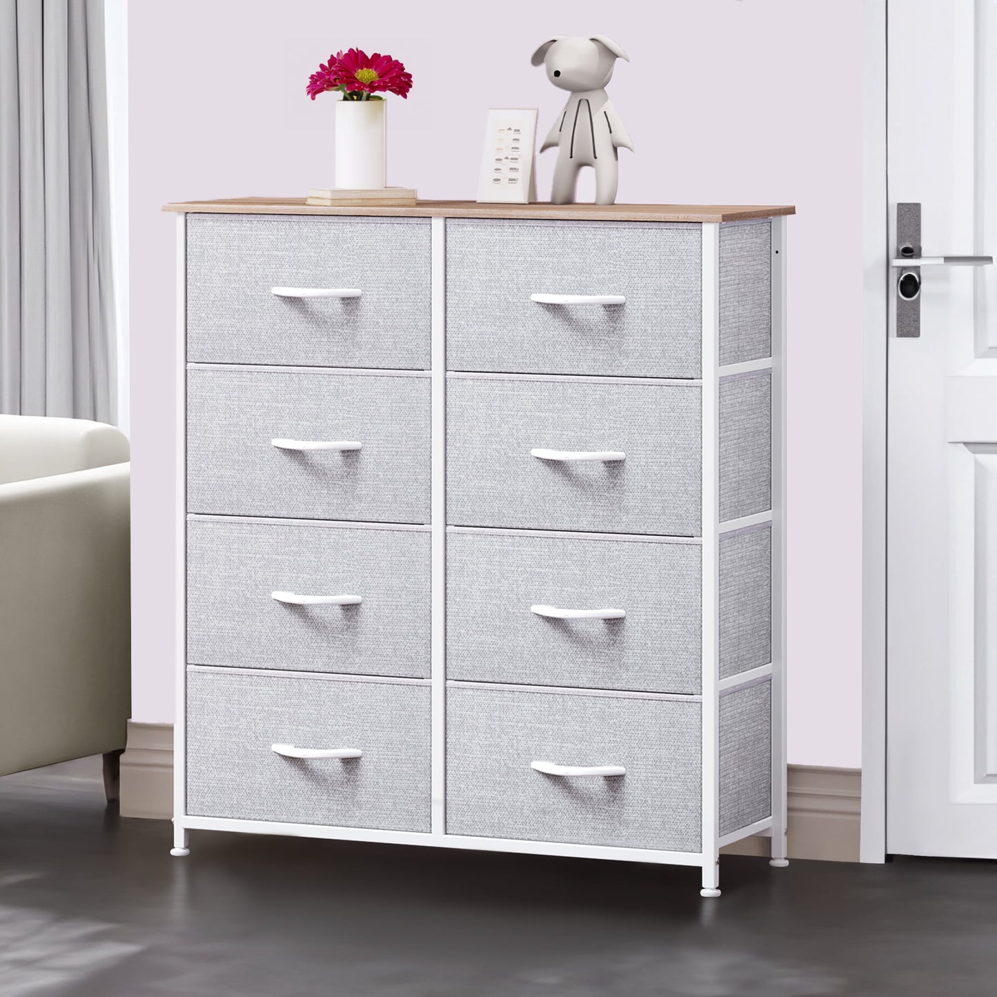 DEXTRUS 8-Drawer Fabric Dresser with Wood Top & Metal Frame for Adults & Teens, Light Gray
