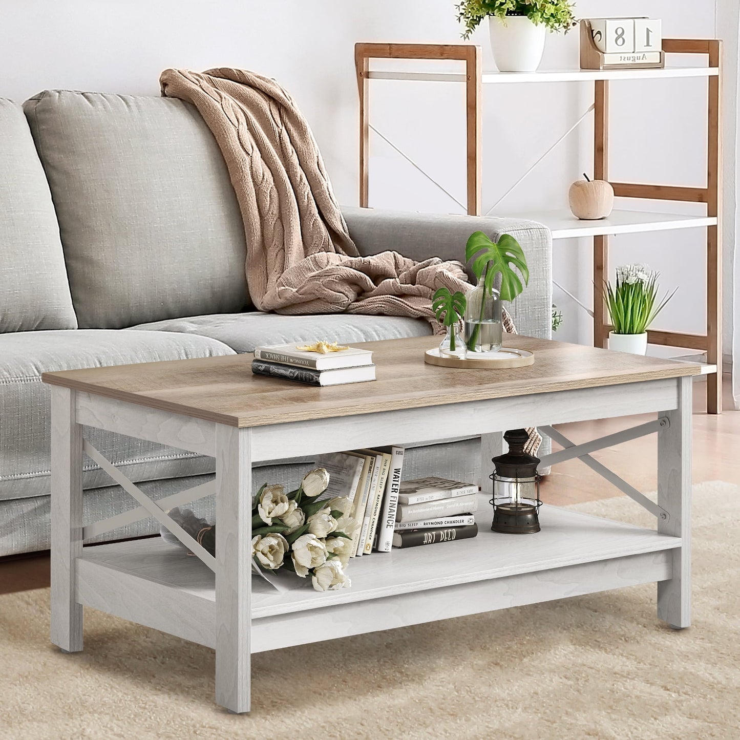 Dextrus Farmhouse Rustic Wood Coffee Table with Open Storage Shelf, Oak